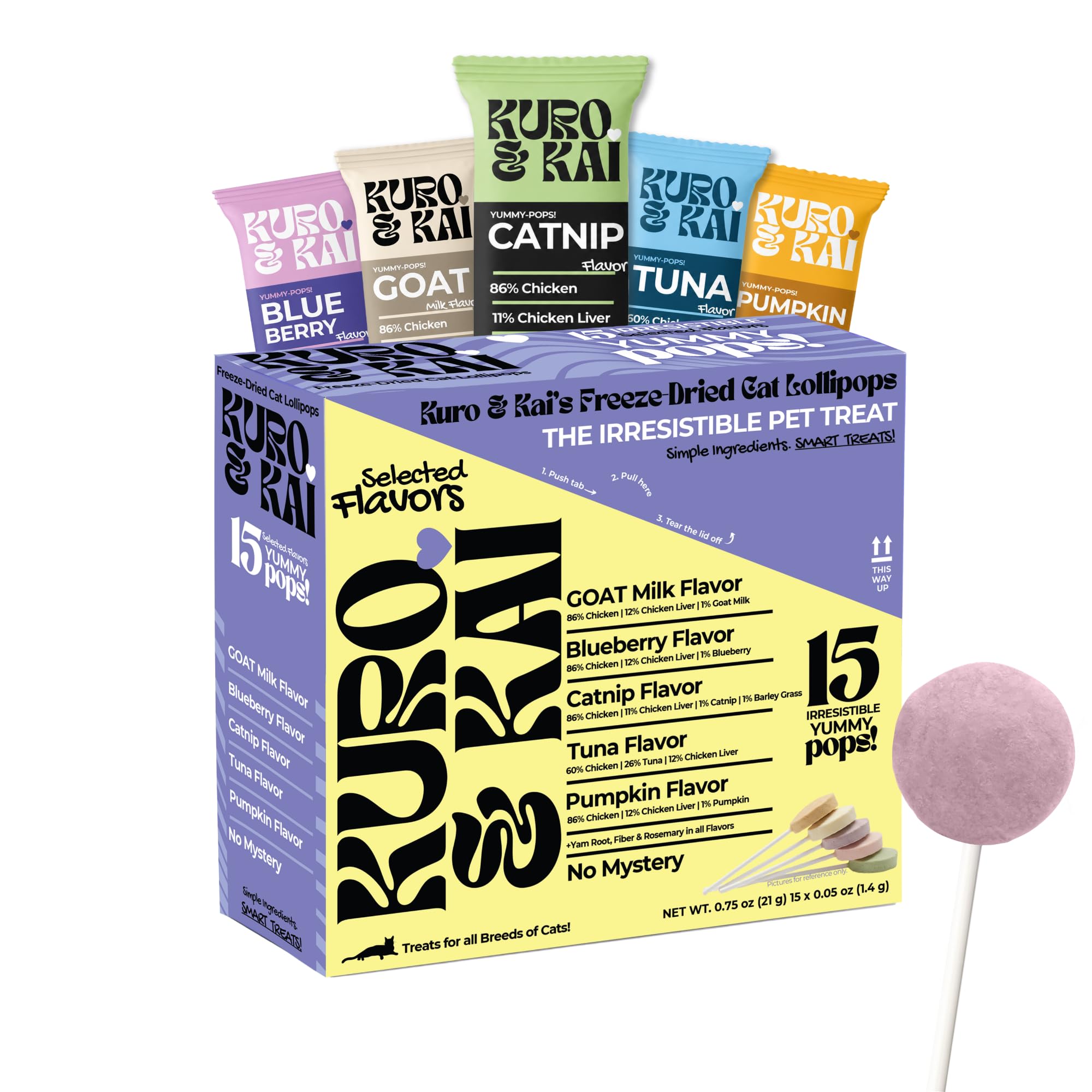 KURO &amp; KAI Freeze Dried Cat Treats, Chicken &amp; Liver Lollipops, 15 Count