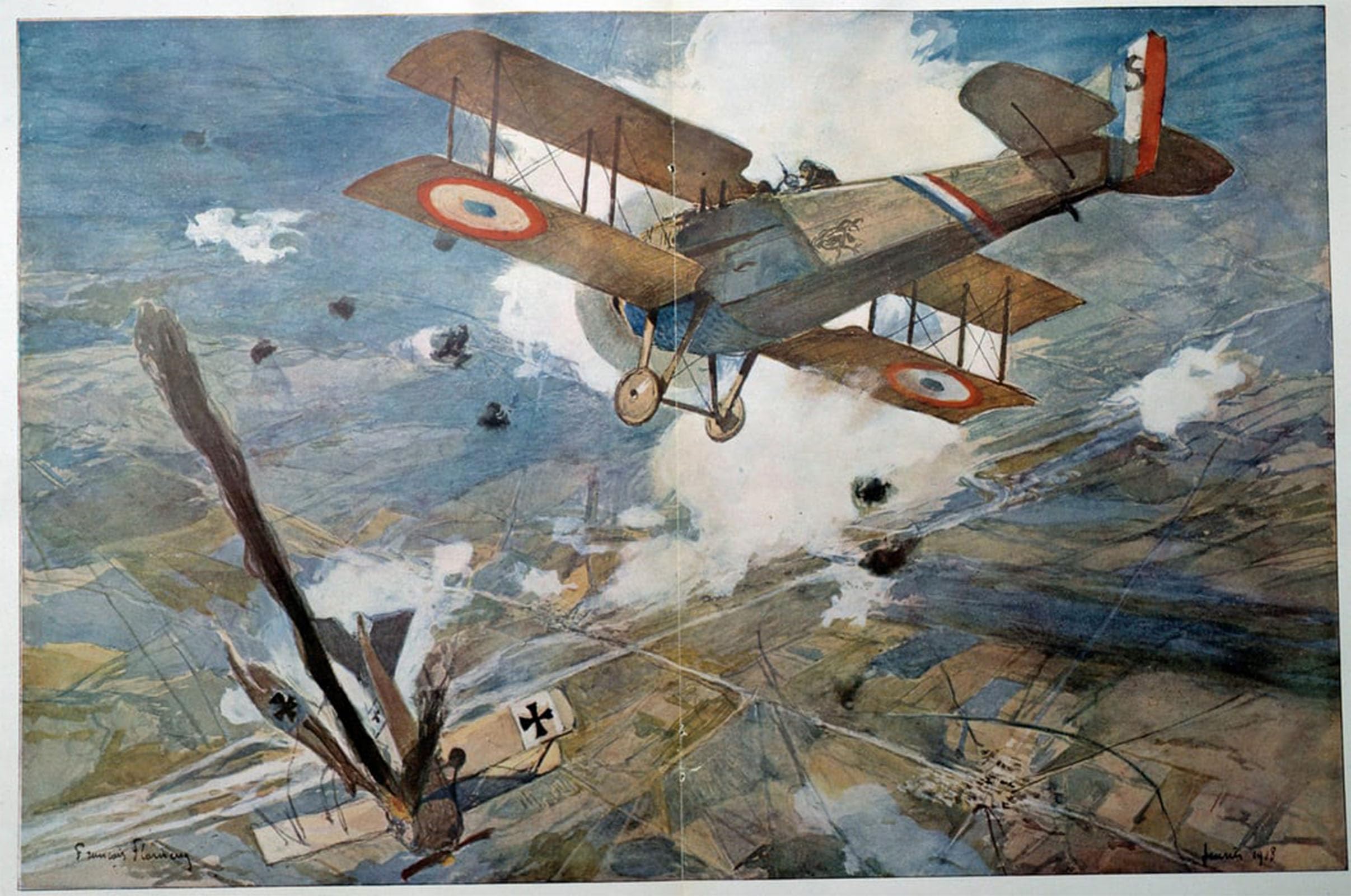 HRJUBWREE Vintage Poster Photo Wall Print Mural Artwork First World War Air Fight the Plane Falling in Flames by Francois Flameng Art Prints Painting for Home Decor 60x90cm