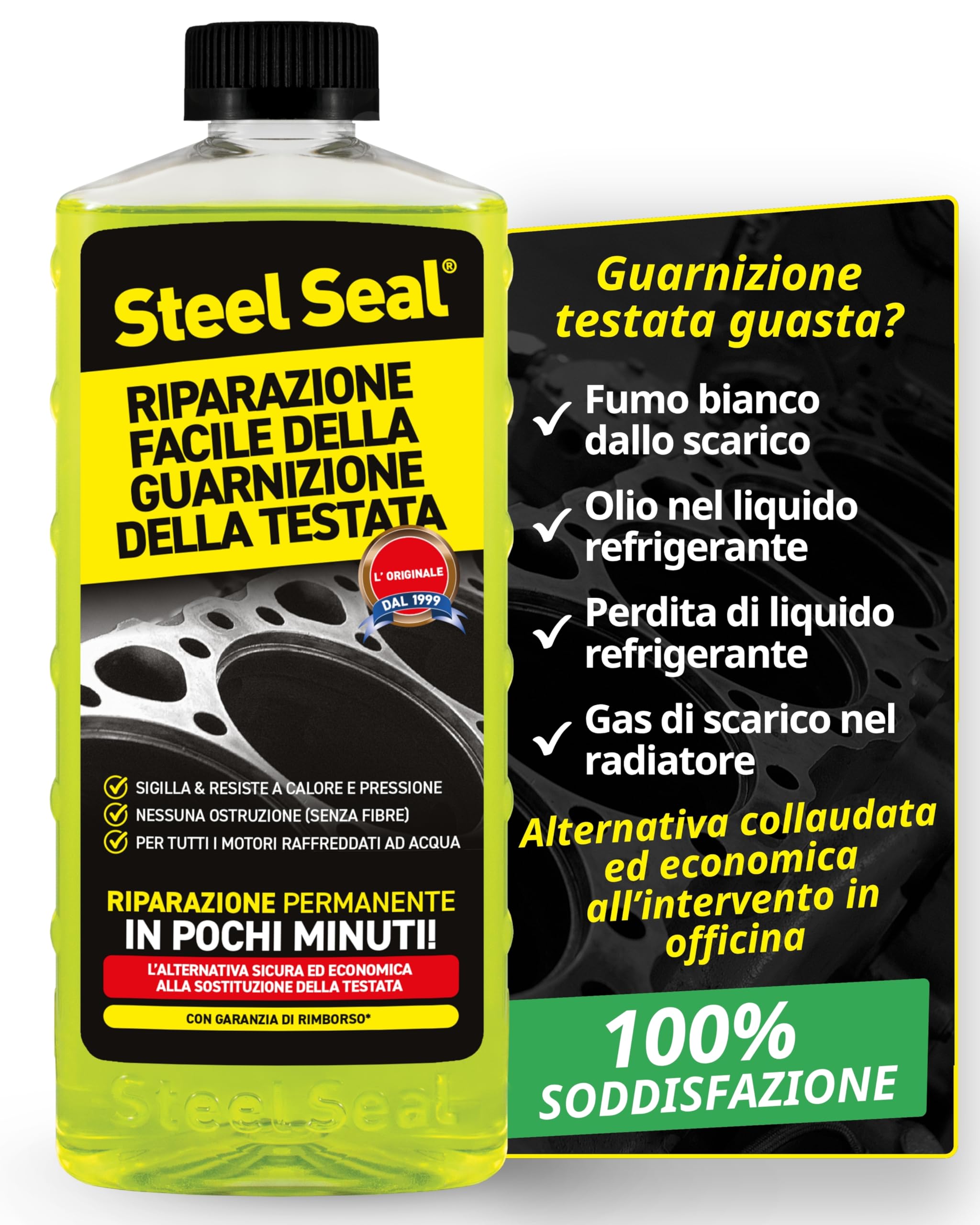 STEEL SEAL Sigillante guarnizione testata – Ripara la guarnizione, ferma la perdita di liquido refrigerante e previene danni al motore senza officina – Adatto a tutti i motori raffreddati ad acqua
