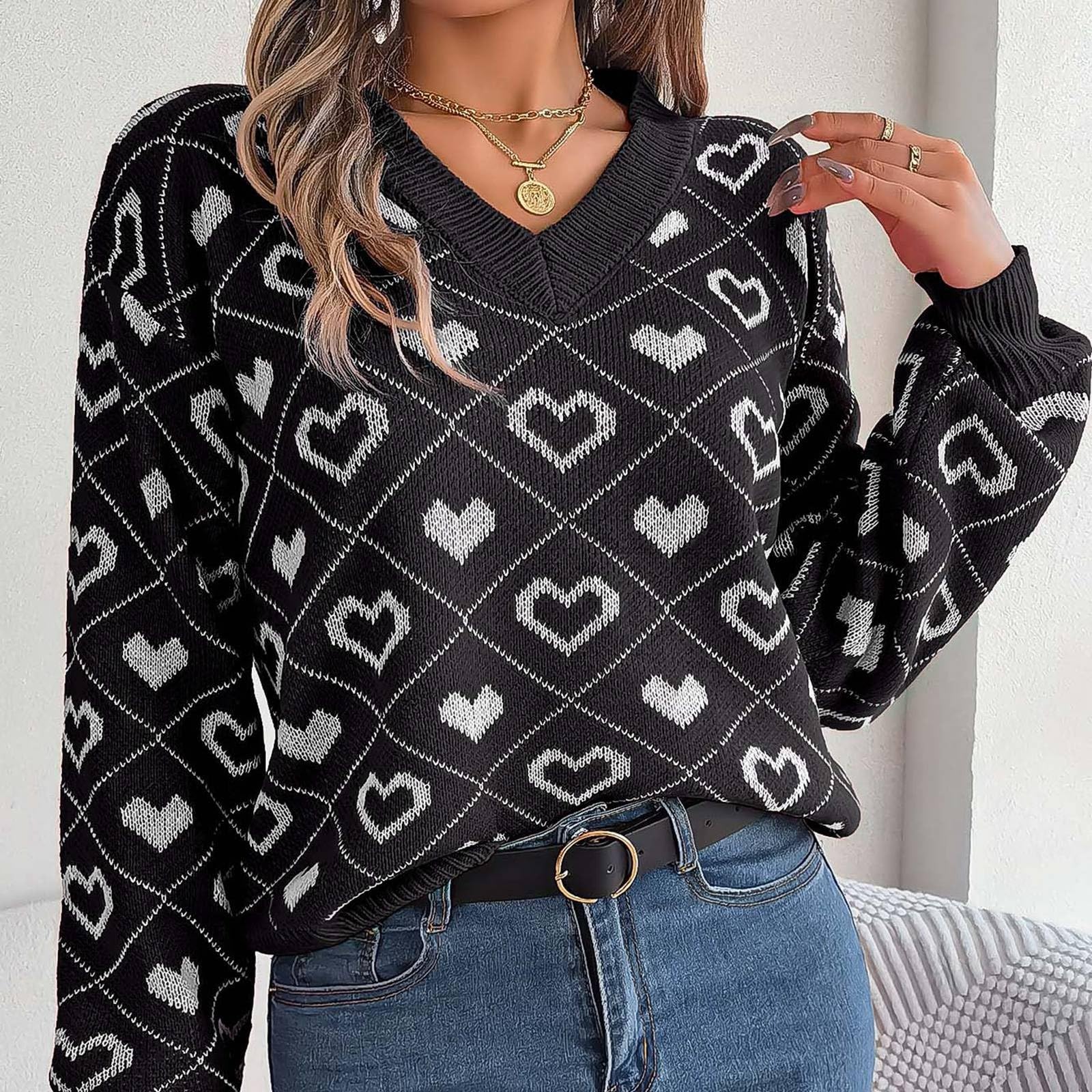 Generisch Jersey de invierno para mujer, estilo informal, colores de contraste, manga de diseño, para San Valentín