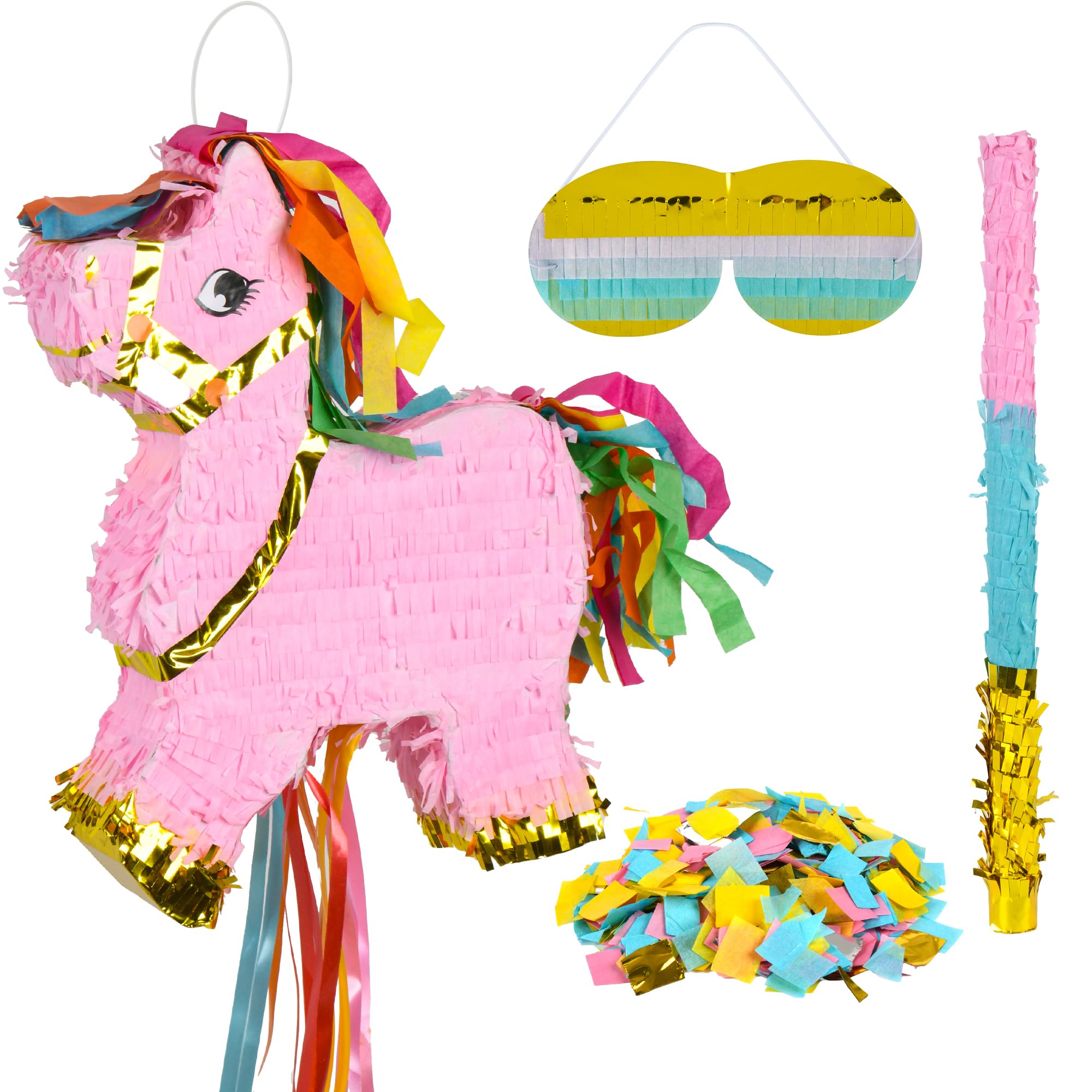 Small Pony Horse Pinata (Pink, Gold) with a Blindfold, a Bat and Confetti (16.5x12x3 Inches), Perfect for Birthday Parties, Themed Decorations