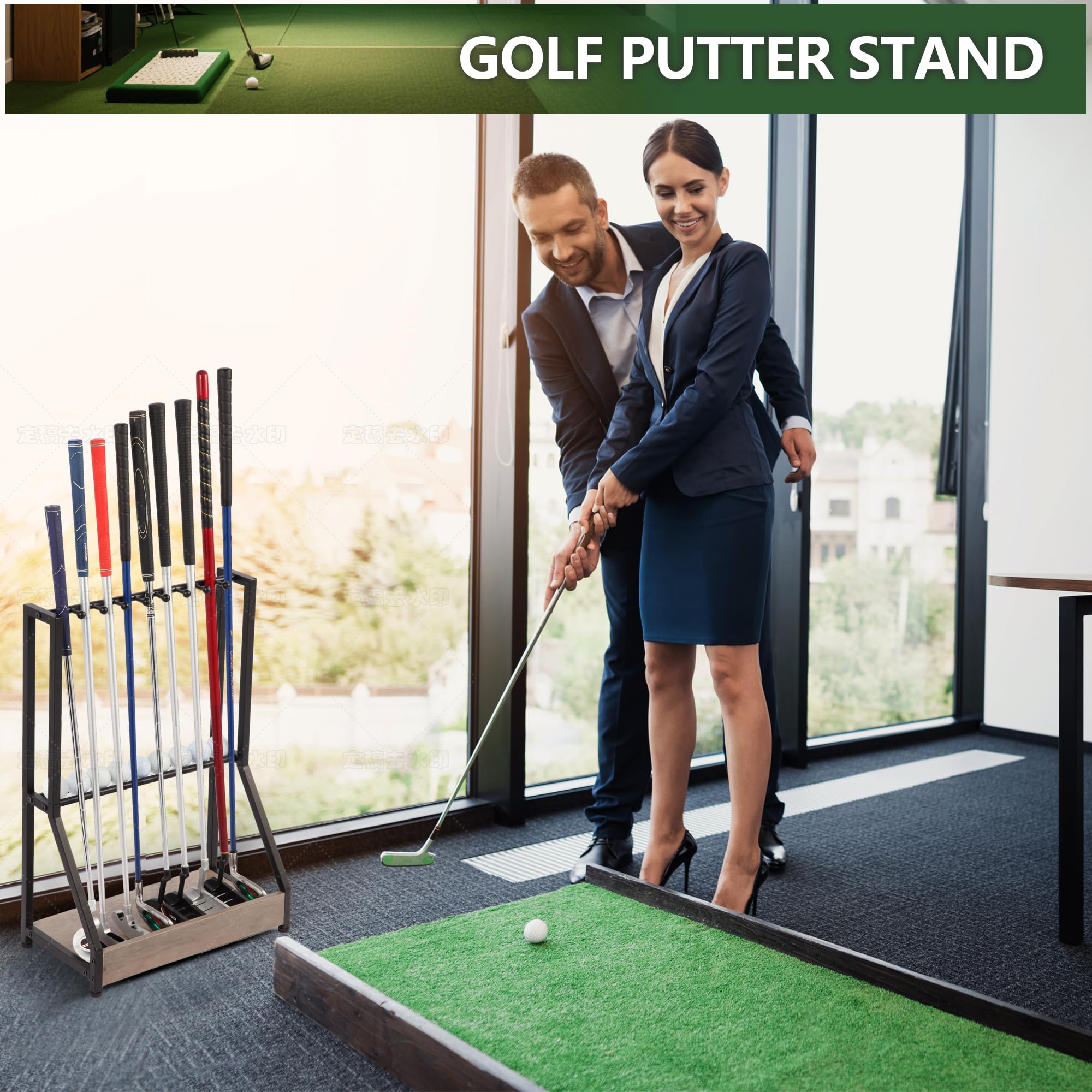 Xnwouco Golf Putter Holder for 9 Clubs & 9 Balls, Solid Wood & Iron Golf Club Rack, Golf Club Organizer Floor Stand, Golf Club Stand | Rustic Modern Design for Home, Golf Course Accessories,