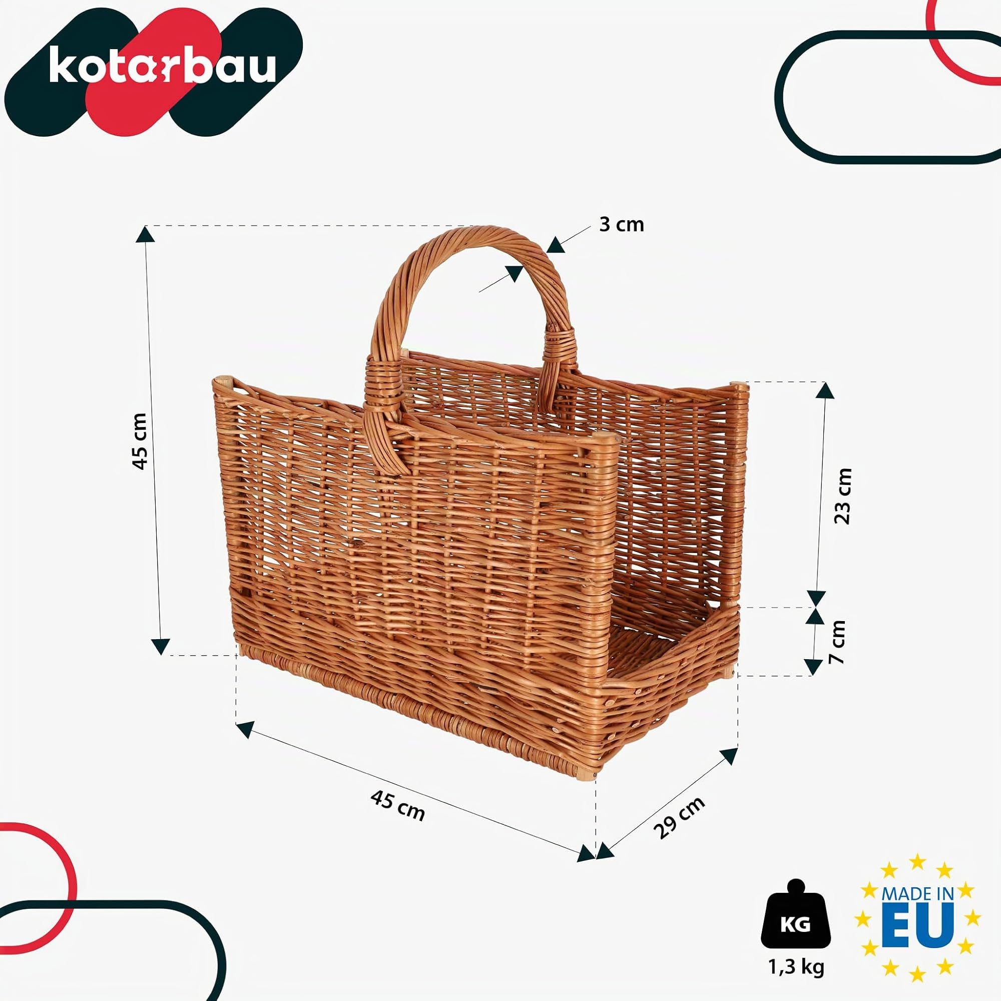KOTARBAU® Cesto Vimini - 45x29x45 cm - Marrone - Cesta per Legna - con Manico - Cesto per Legna Camino - Rettangolare - Naturale - Robusto - per Interni Esterni