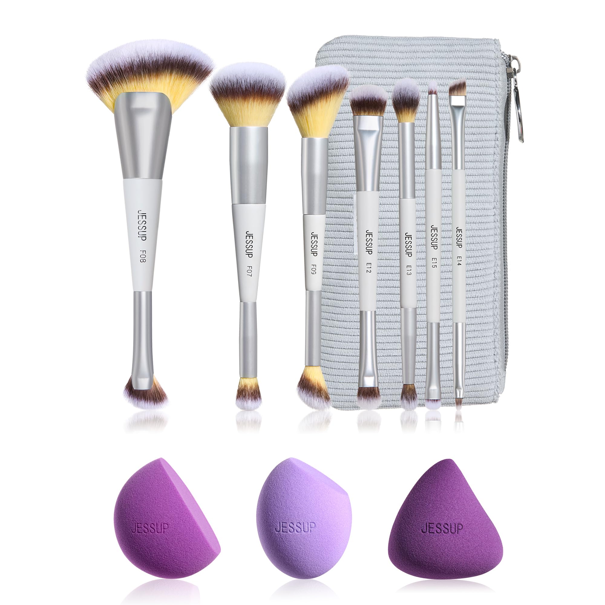 Set di 7 Pennelli da Trucco Jessup a Doppia Punta con Custodia (Quiet Gray T520), abbinato a un Set di 3 Spugnette per il Trucco (Purple SP017)