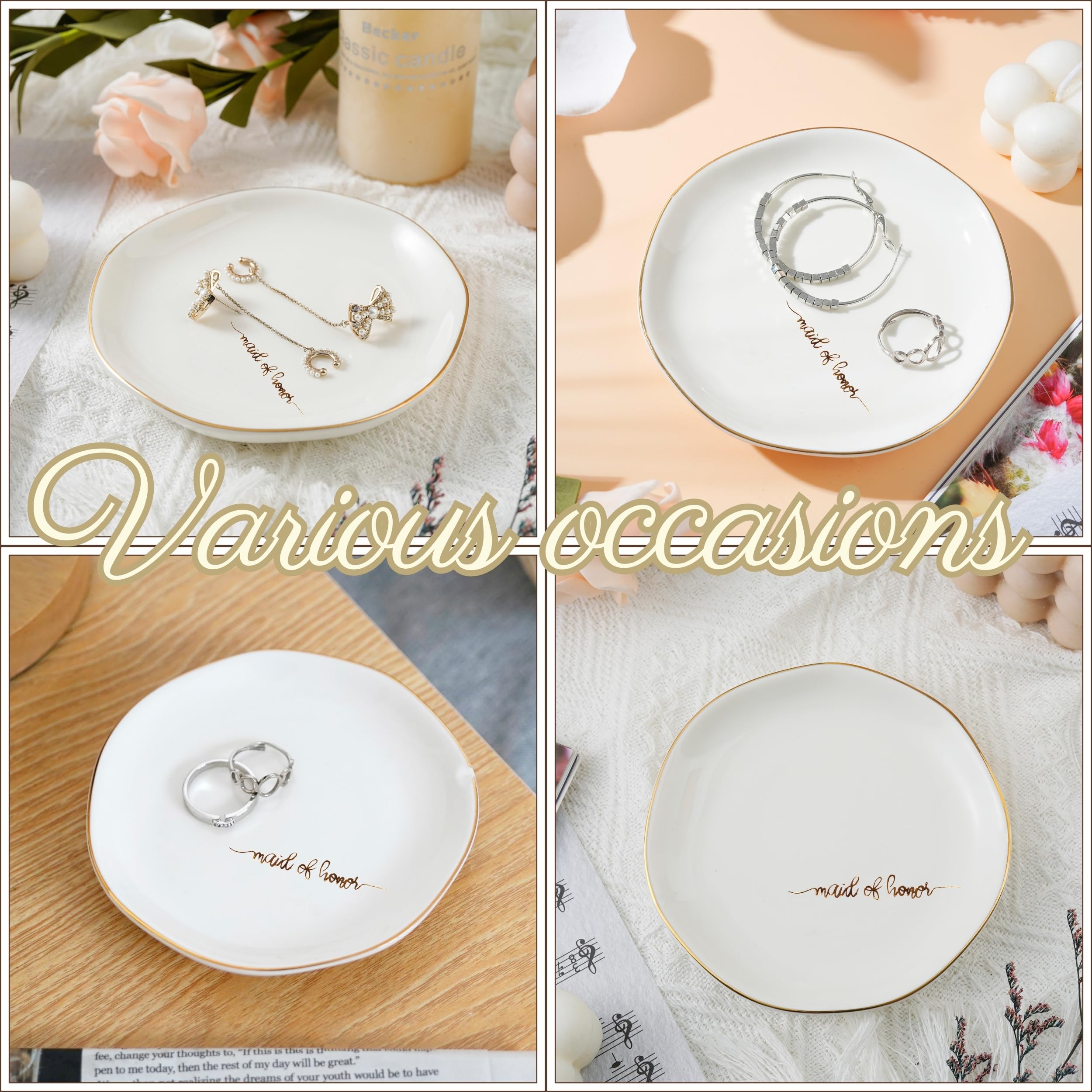 InnoBeta Bridesmaid Gifts for Women, Maid of Honor Gifts for Women Ceramic Jewelry Tray, Decorative Trinket Dish for Rings Earrings Necklaces for Women, 4.75", White Surface Gold