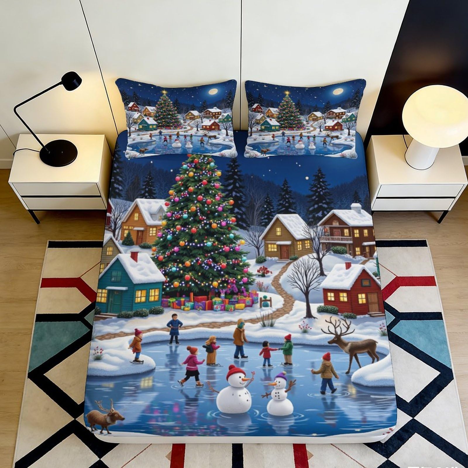 Pnayamiorkfel Style-3 3D Printed Christmas Village Fitted Sheet Microfiber Winter Scene Bed Cover For Bedroom Guest Room Festive Decor 90X200x25cm