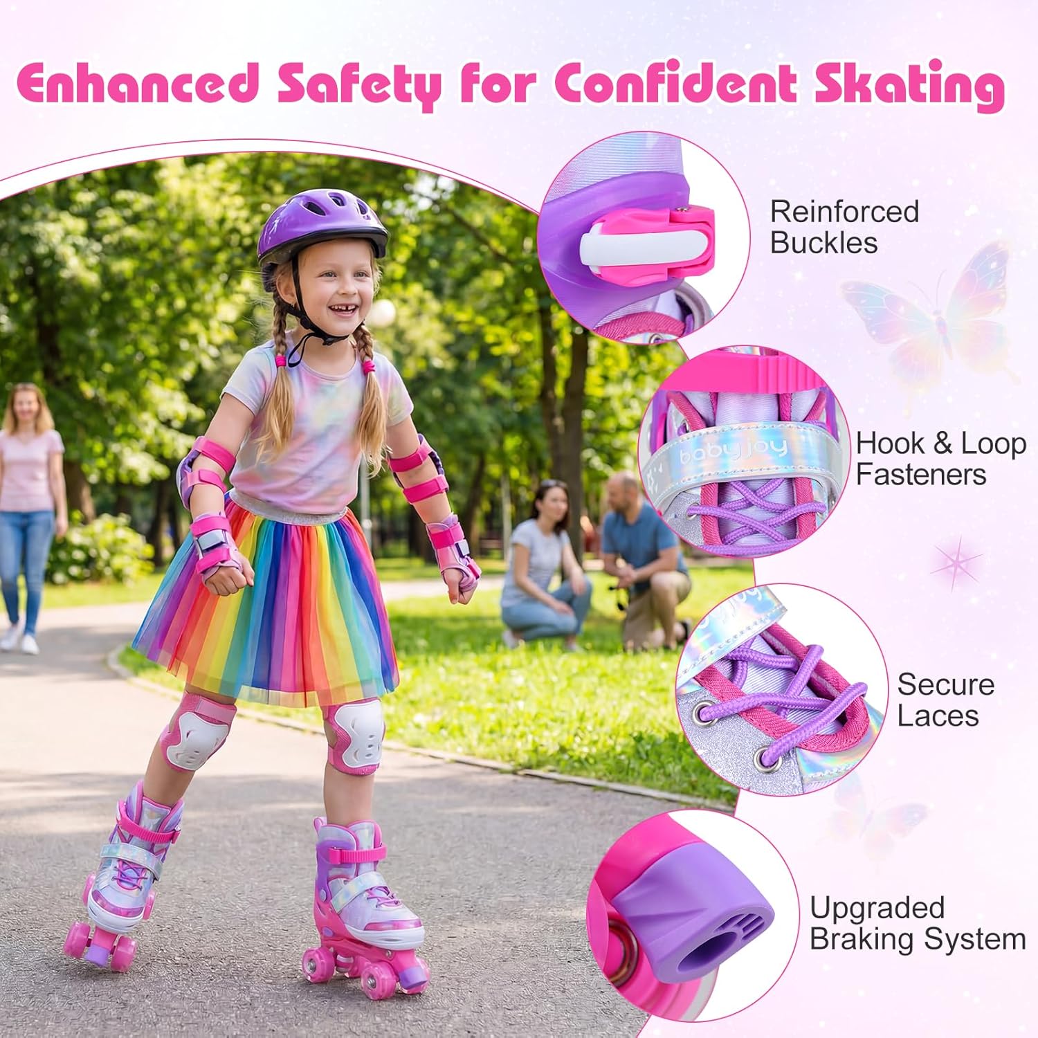 BABY JOY Roller Skates, 4-Size Adjustable Quad Skates for Girls Teens 9-14 w/Light-up Wheels & Safety Protection, Fun Illuminating Gifts for Indoor Outdoor Sports