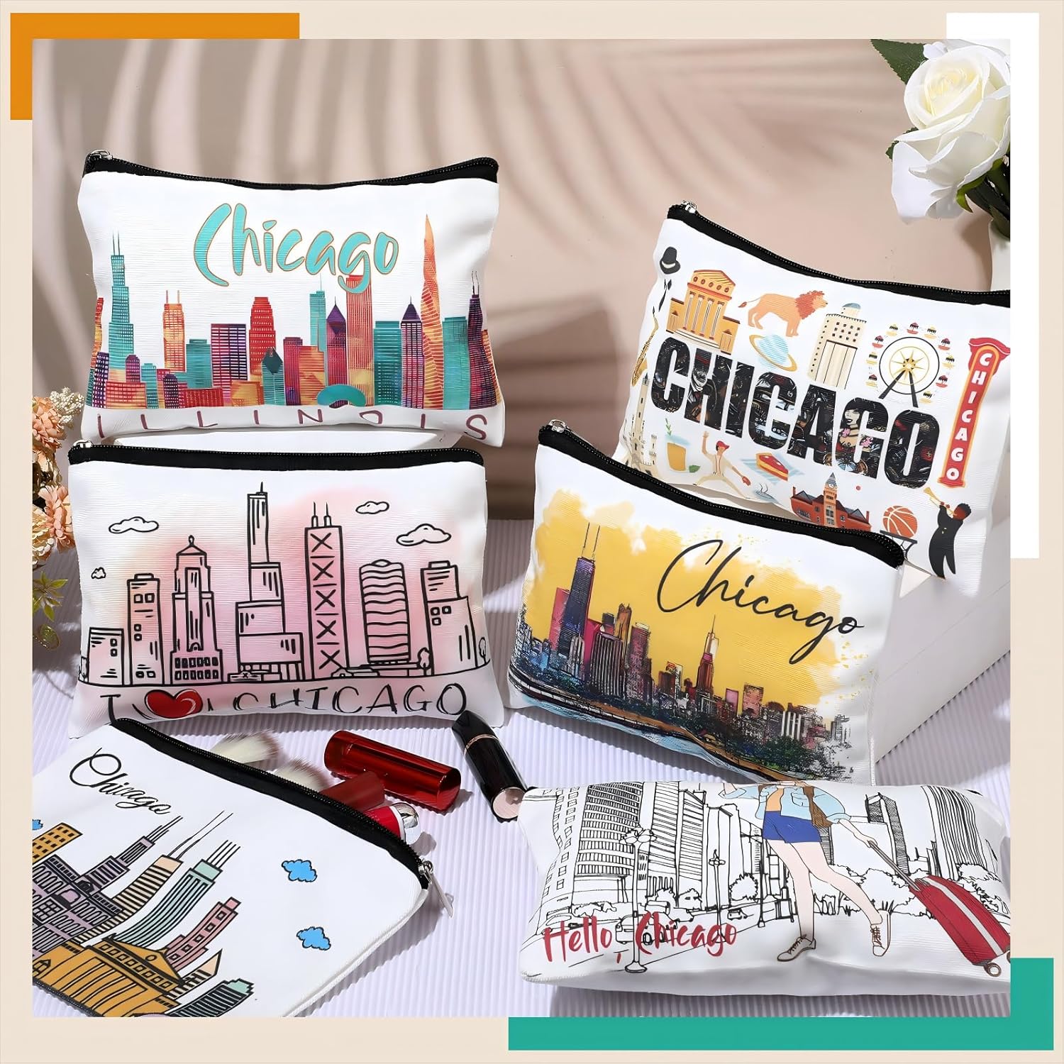 Reginary 6 Pcs City Cosmetic Bag Souvenir Gifts New York Zipper Pouch Chicago Souvenir Seattle Boston Nashville London Paris Italy Alaska Gifts Memento for Women Traveler(Chicago) - Image 3