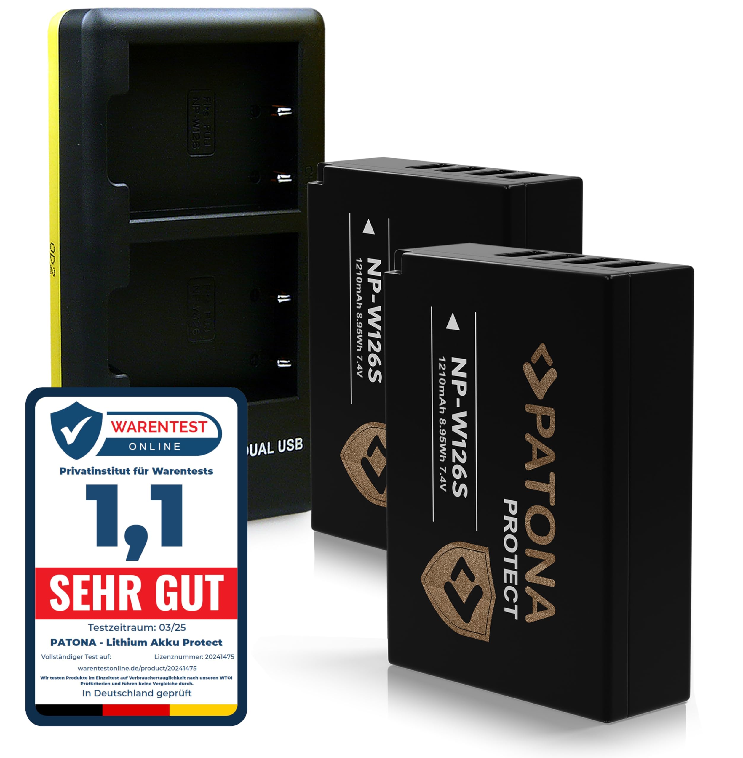 PATONA Kit Dual Chargeur USB-C & Batterie 2X NP-W126S Protect, 1210mAh | Batterie pour Fujifilm NP-W126 X-M5 X-M1 X100F X100V/VI XA1-XA3 XA5 XS10 XT3 XT20 XT30, NTC-Sensor & étui protecteur