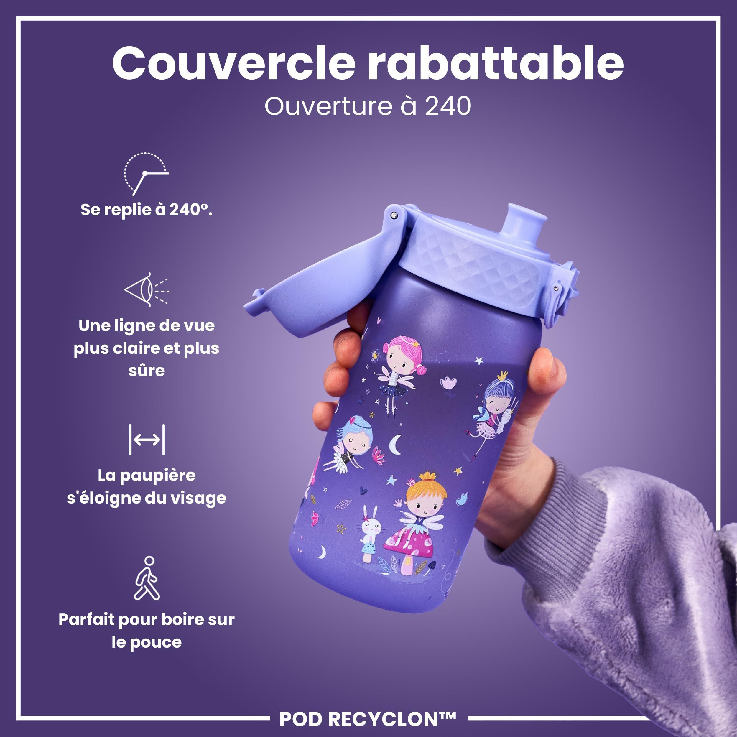 Ion8 Gourde Enfant, 350ml, Anti-Fuite, Facile à Ouvrir, Verrouillage Sécurisé, Lavable en Lave-Vaisselle, Sans BPA, Poignée de Transport, Facile à Nettoyer, Carbone Neutre, Fées