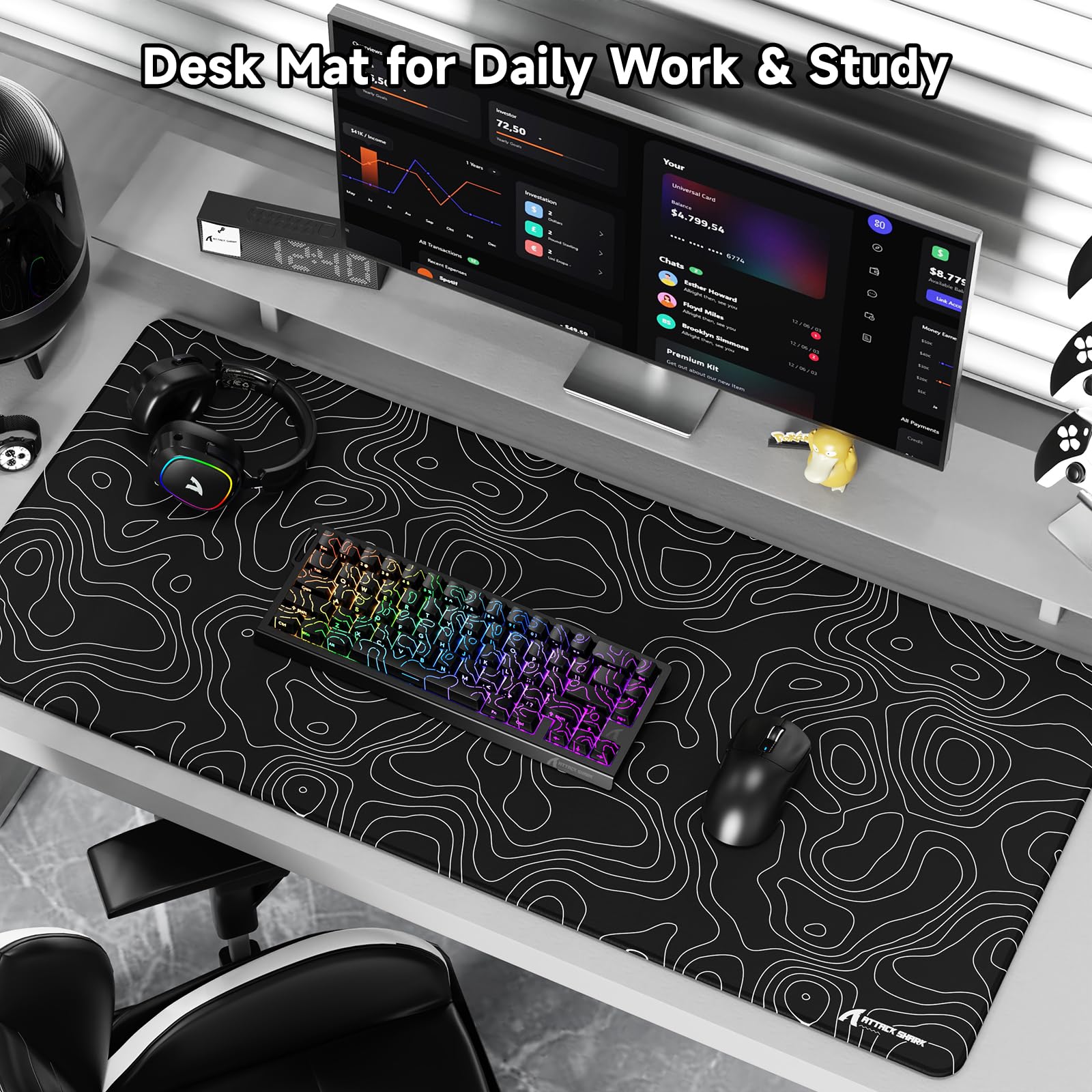 ATTACK SHARK CM02PRO Tappetino Per Mouse Da Gioco Esports Grande, Superficie con Texture Simile Alla Sabbia Fine, Rivestimento Resistente All'Acqua, Base Antiscivolo, 900x395x4MM-Contorno Nero
