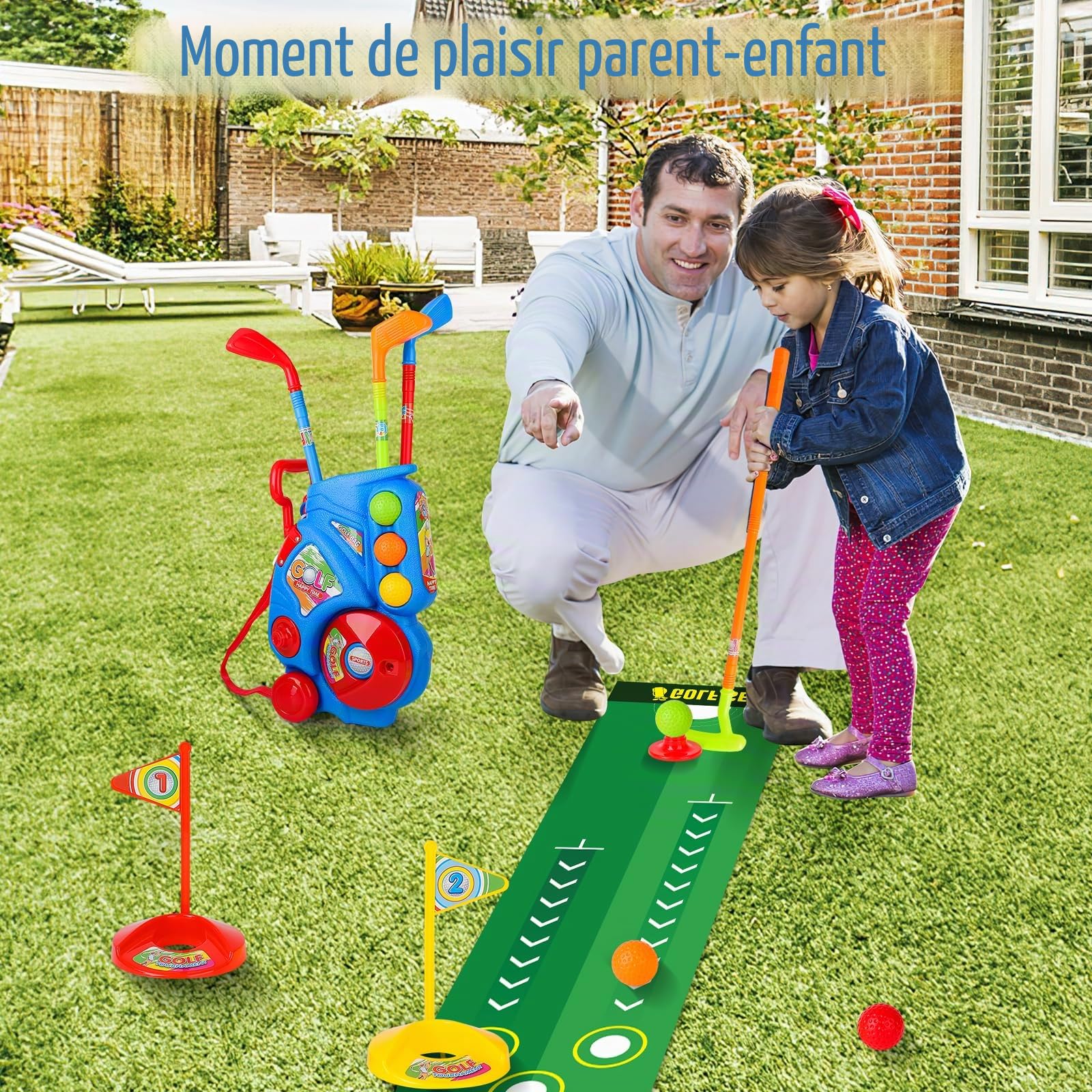 deAO Kit Golf Enfant 3-6 Ans avec 6 Balles + 4 Cannes & 2 Cibles - Jeu Éducatif Motricité Fine Intérieur/Extérieur Mallette Bleu | Idéal Cadeau Garçon Fille