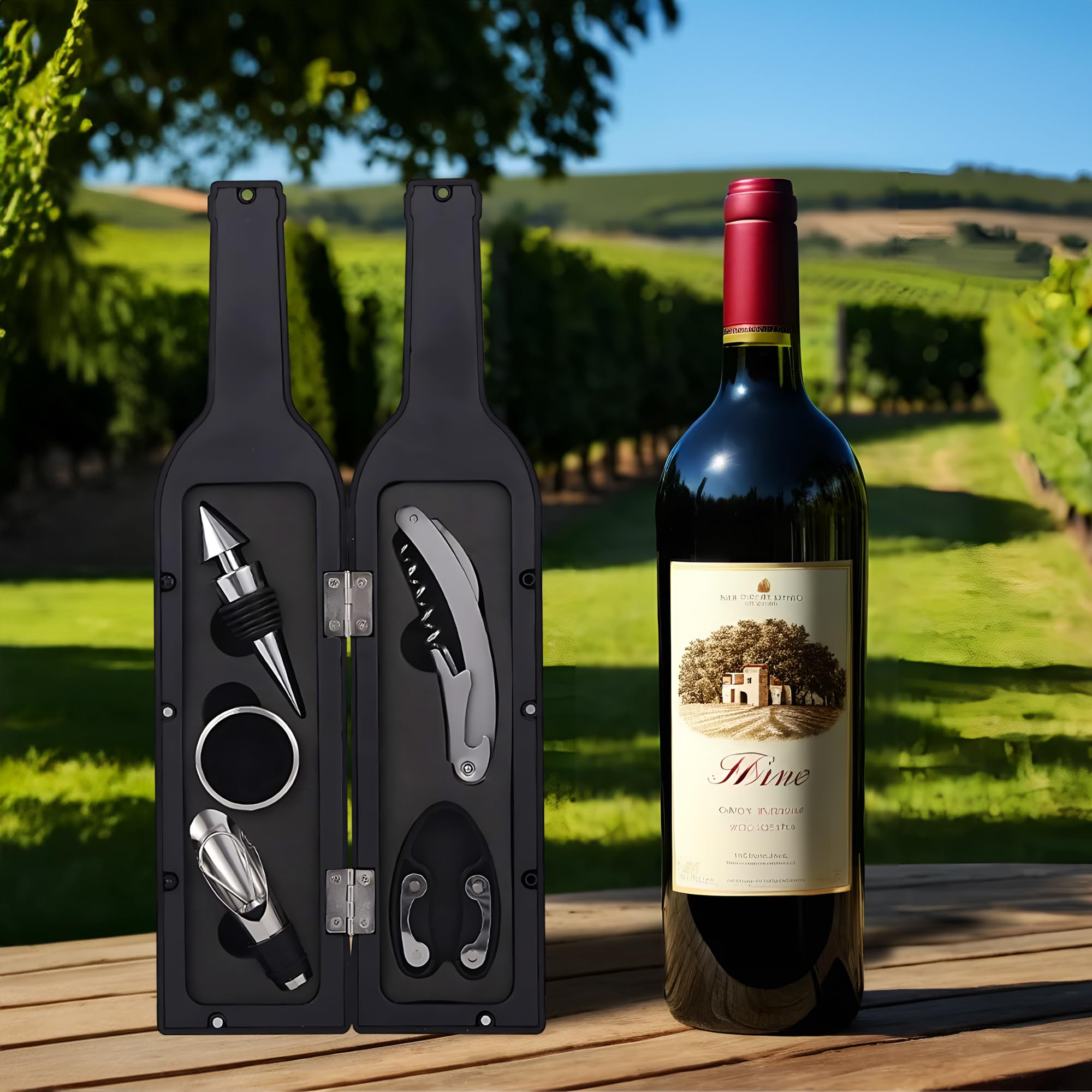Abridor de vino elegante Estuche - Regalo original - Sacacorchos con corta cápsulas, anillo de goteo, vertedor y tapón de vino