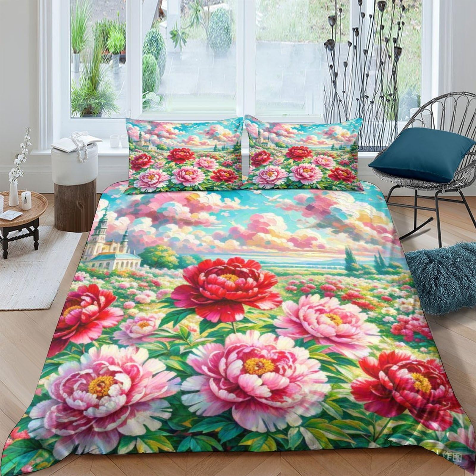 Housse de couette pivoine 3D sans repassage en microfibre avec fermeture éclair cachée