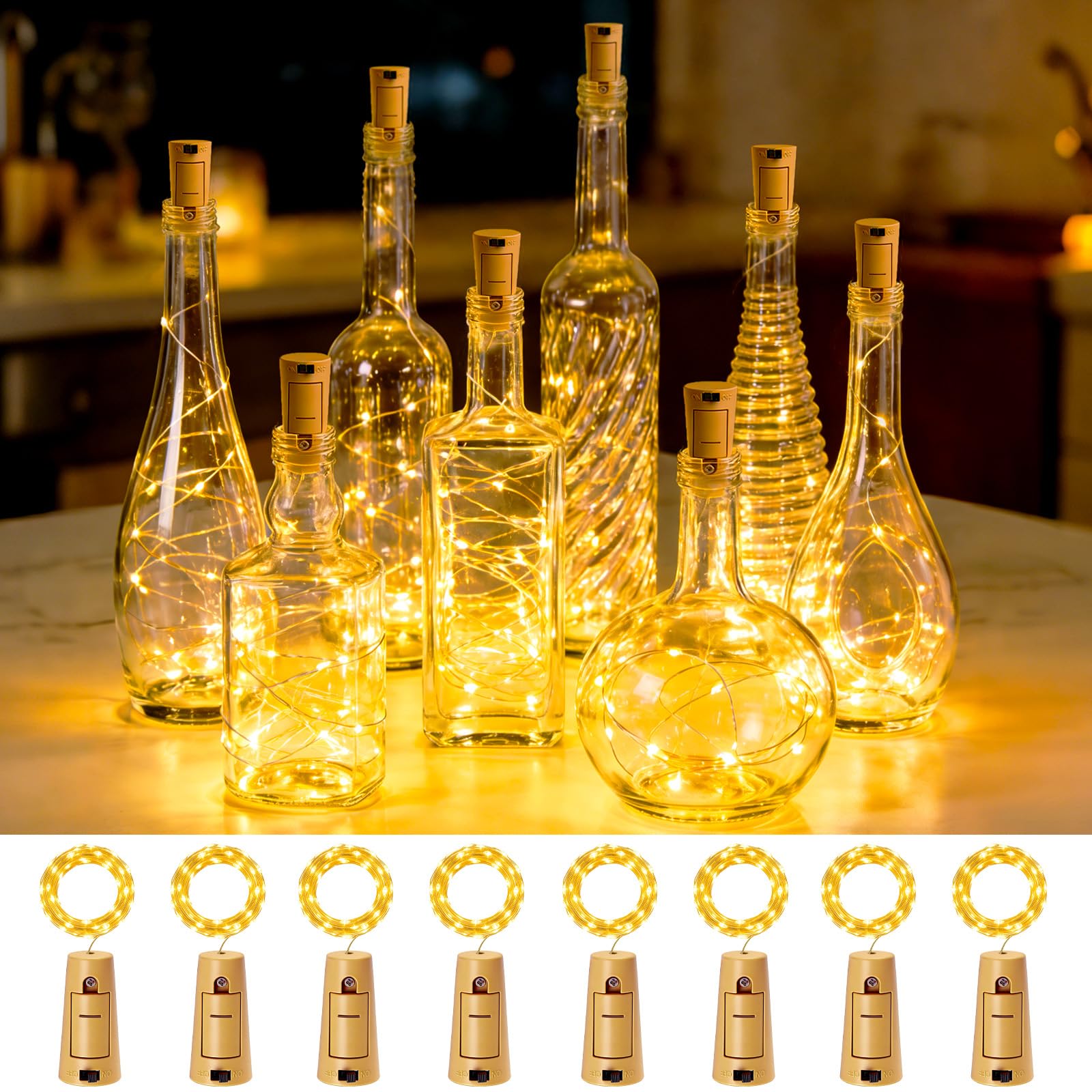 VOOKRY Wine Bottle Lights with Cork, 20 LED 8 Pack Battery Operated Cork Fairy String Lights Waterproof Mini Copper Wire Bottle Lights for Jar DIY, Party Wedding Gifts, Bar Decoration, Warm White