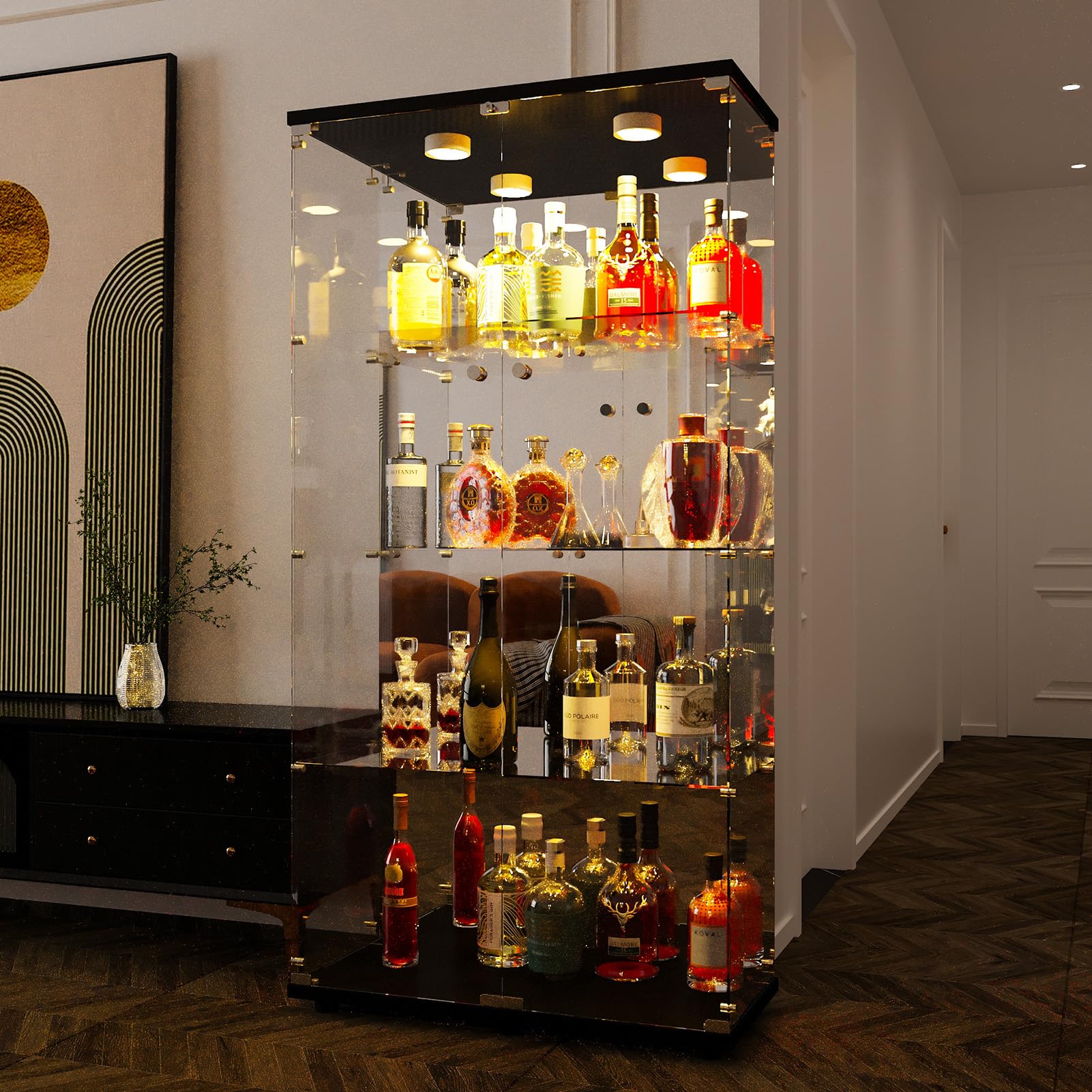 Vitrina de Cristal Con 4 Estantes, 164 x 81 x 37 cm, Mueble Para Colección Con LED y Puertas, Transparente Armadura de Cristal (Doble Puerta Con Luz, Ferroso A)