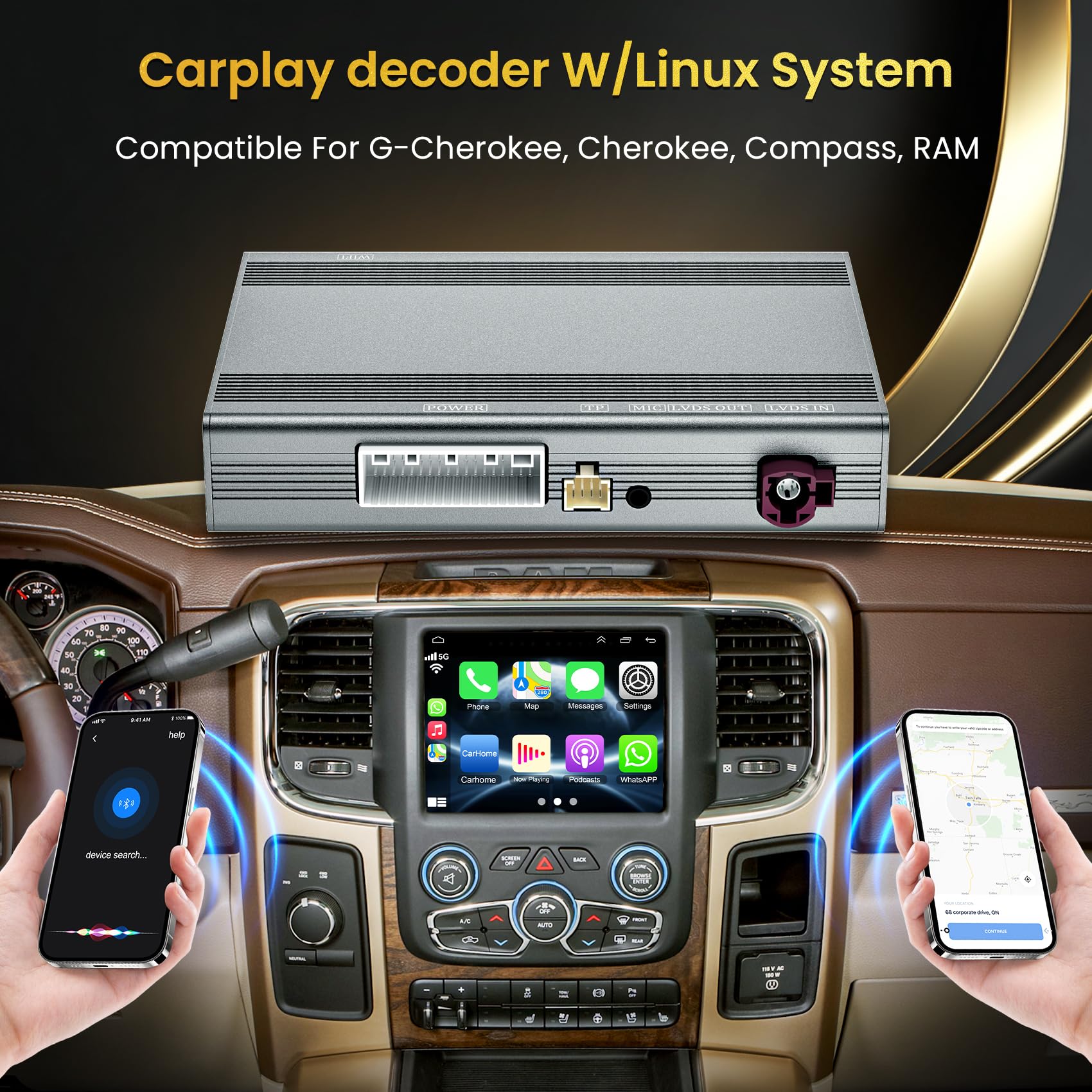 Linux Interface Box for Jeep Cherokee Compass RAM Wireless CarPlay Android Auto Fit for Original Car Radio Upgrade GPS Navigation, Retrofit Decoder Kit