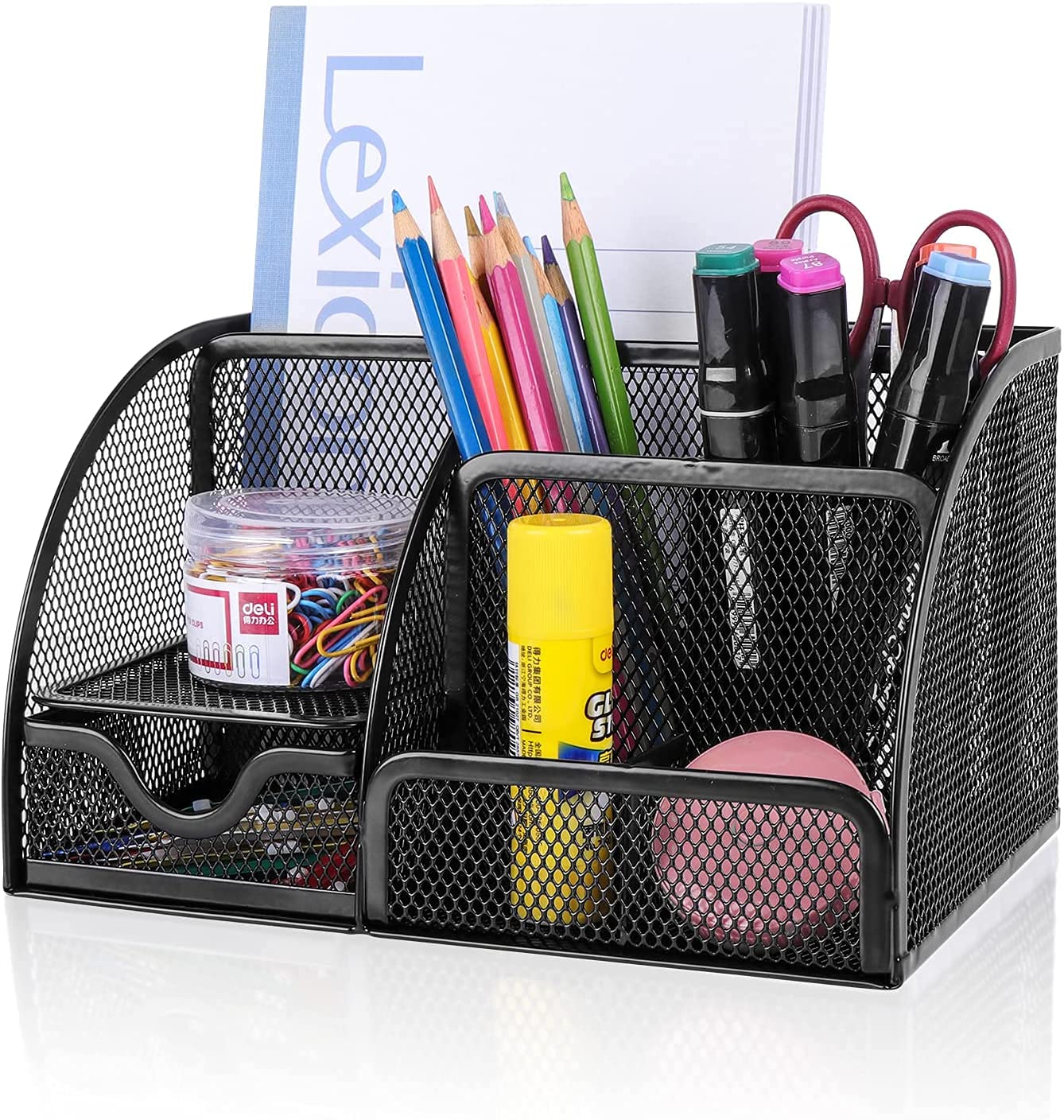 MARKQ Desk Organizer, Mesh Multifunctional Desktop Caddy Pen Holder with 6 Compartments and 1 Drawer, Black Stationary Holder for Home, Office Supplies, School, Classroom, Workshop