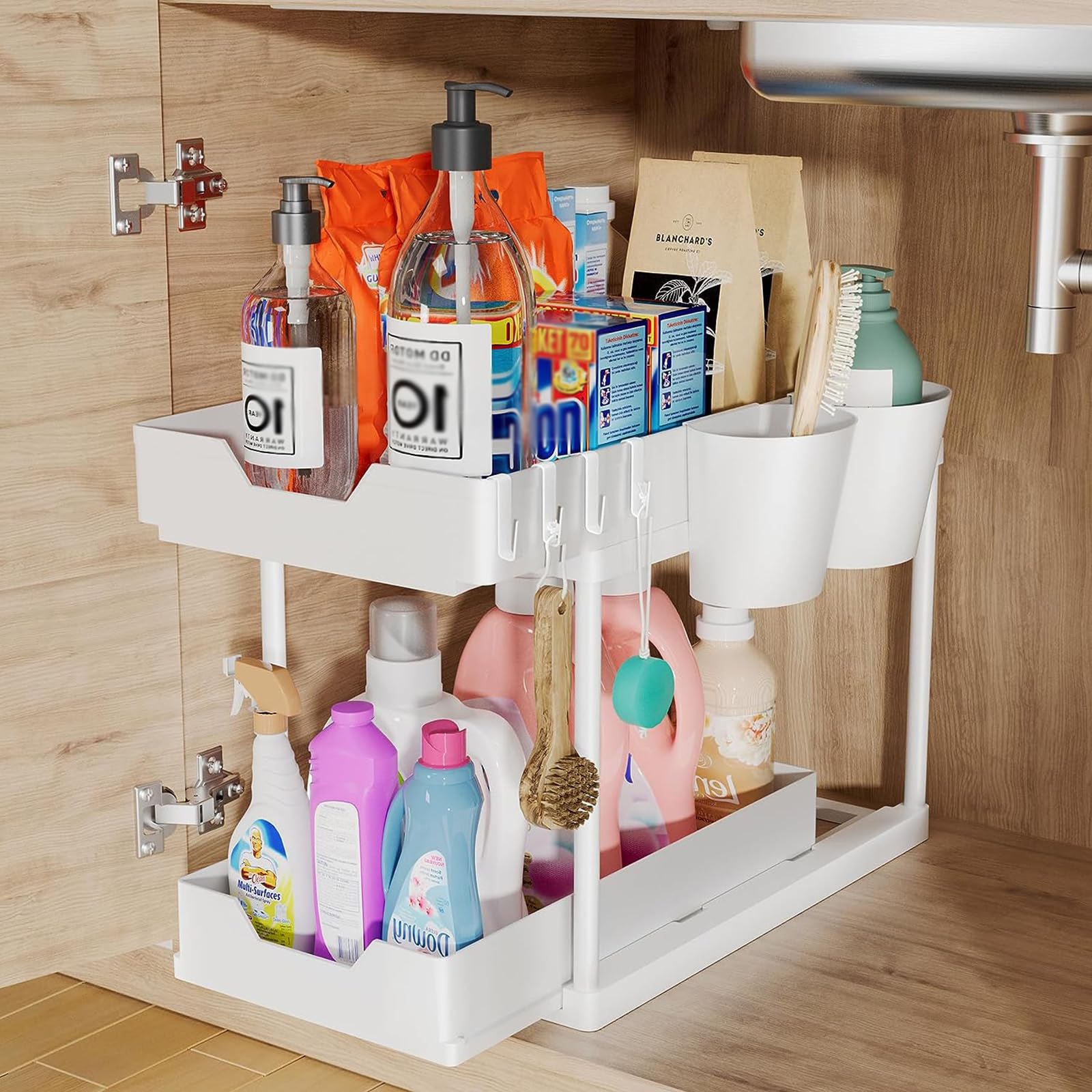 BBTISG 2 Tier Under Sink Shelf, Organiser Under the Sink with 4 Hooks, 2 Cups, Sliding Cabinet Basket Suitable for Sink, Kitchen, Bathroom (White)