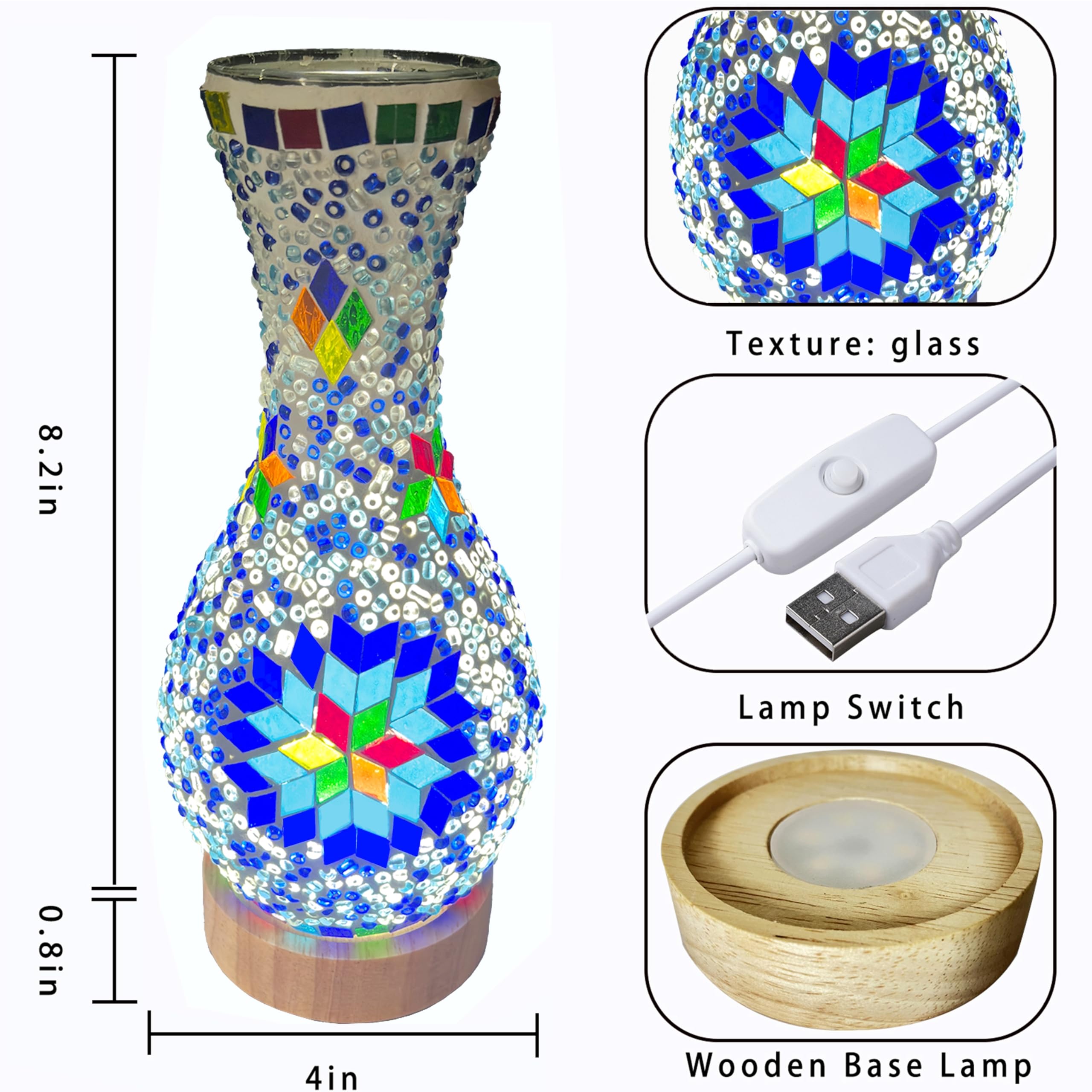 mozaist Batterij aangedreven Turkse Lamp met ingebouwde LED Licht, Draadloze Mozaïek Tafellamp, Marokkaanse Decoratieve Glas Vintage Lamp Shade, Draagbare Bureau Nachtkastje Gebrandschilderd Glas Lamp