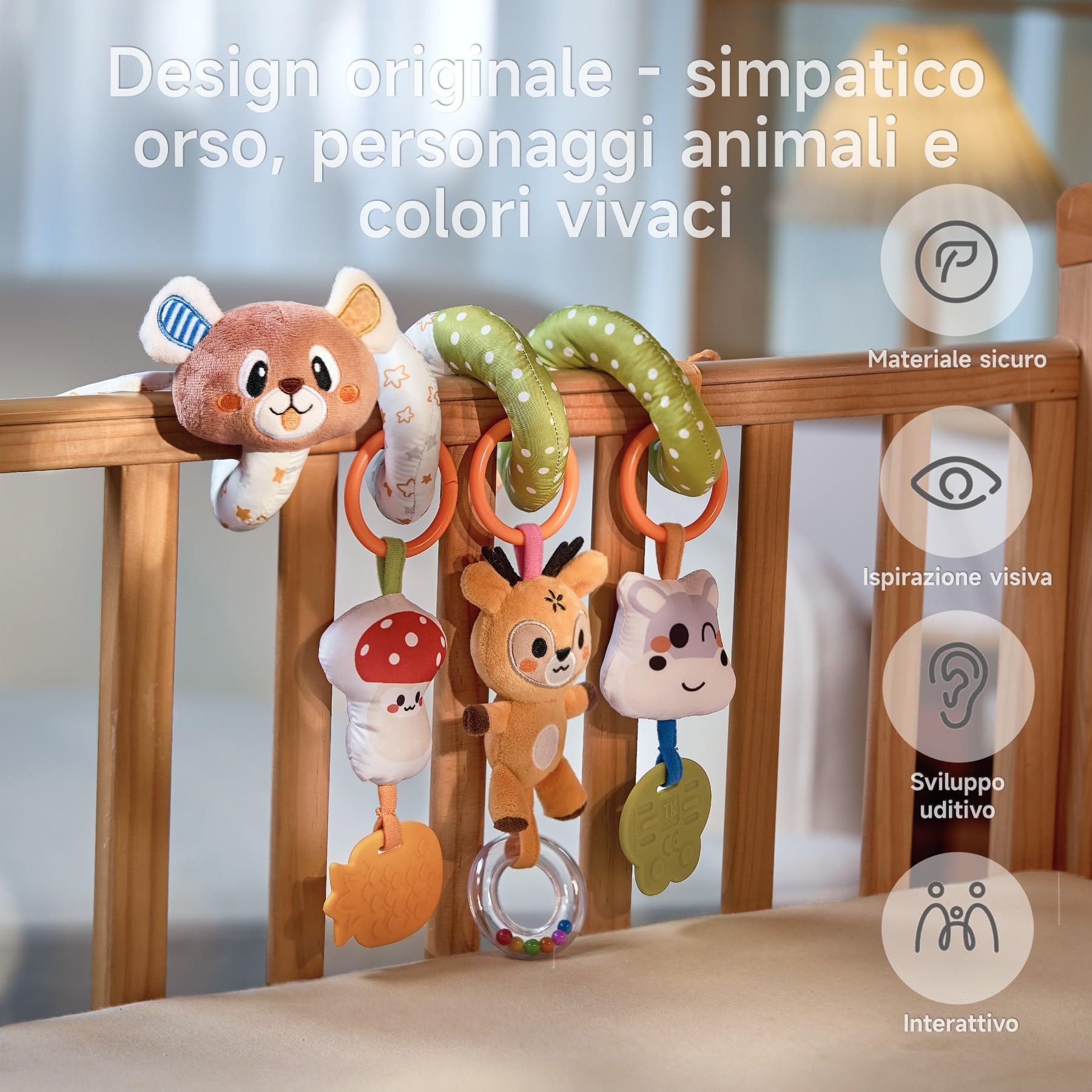 TUMAMA Giochi Spirale Passeggino Neonati - giocattolo per carrozzina per afferrare e giocare - giocattolo per lettino, box, marsupio, seggiolino auto - giocattoli sonoro motorizzato per bambini di età