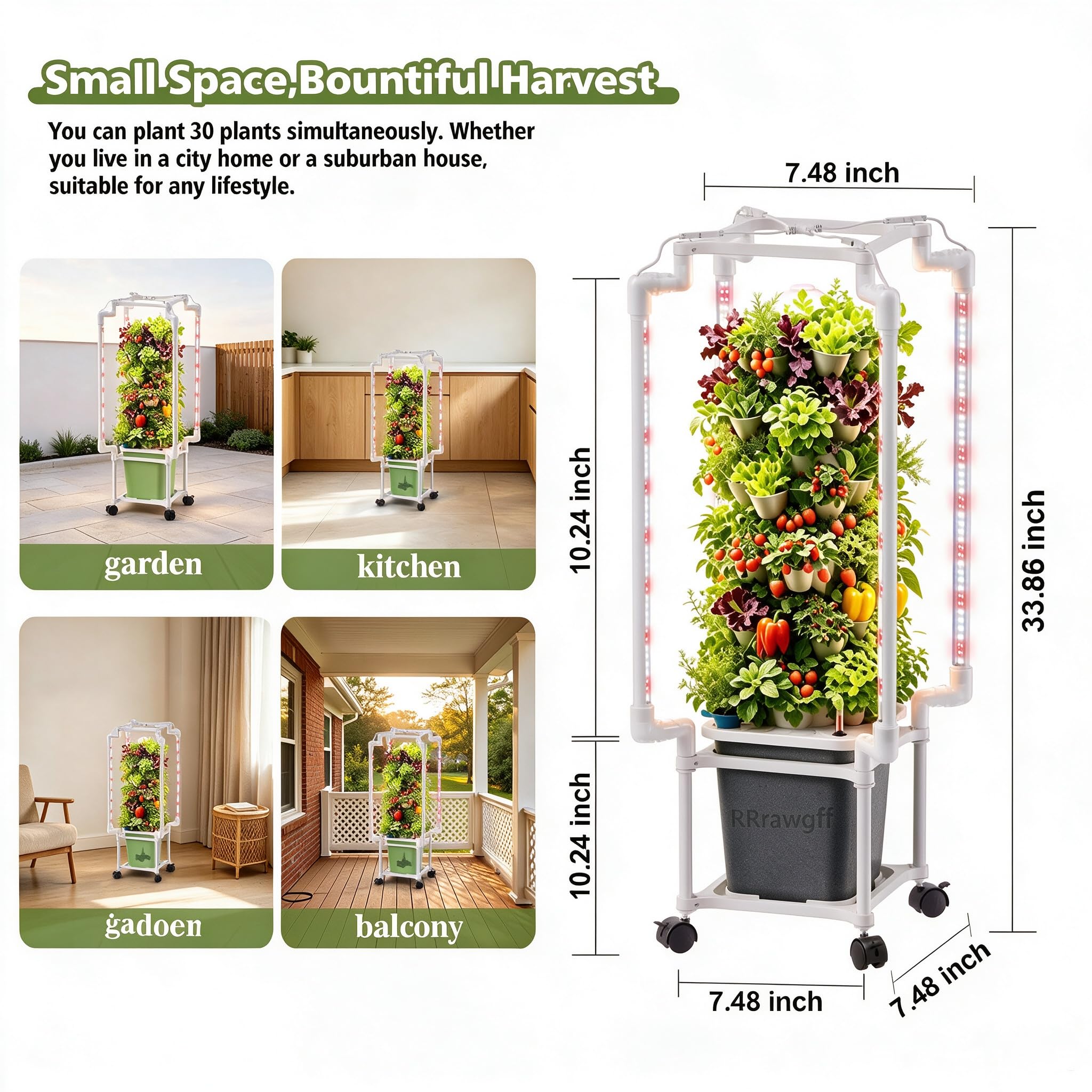 Kit de Cultivo Hidropónico, Sistema de Torre Hidropónica de 5 Niveles 30 Agujeros, con Luces de Crecimiento Control por App Ruedas Bomba de Agua, Depósito de 10 L, para Hierbas Frutas Vegetales