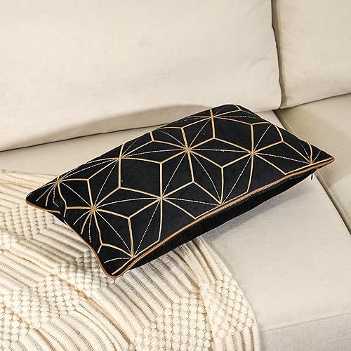 Miniatura 3 de Aeckself Funda de almohada de terciopelo bordado negro de 12 x 20 pulgadas, funda de almohada lumbar decorativa moderna geométrica a cuadros dorados