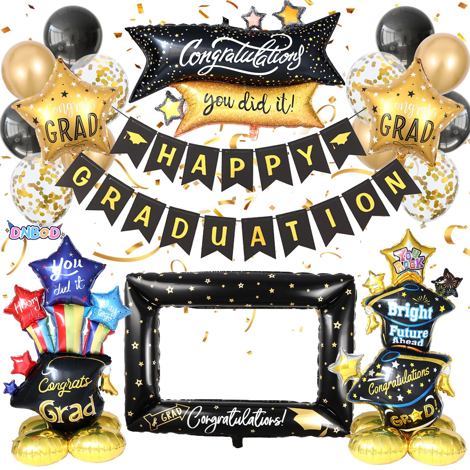 Graduation Party Decorations, 20Pcs Gold Black Graduation Balloons Kit with Banners Grad Cap Photo Frame Balloon, Standing Large Congrats Grad