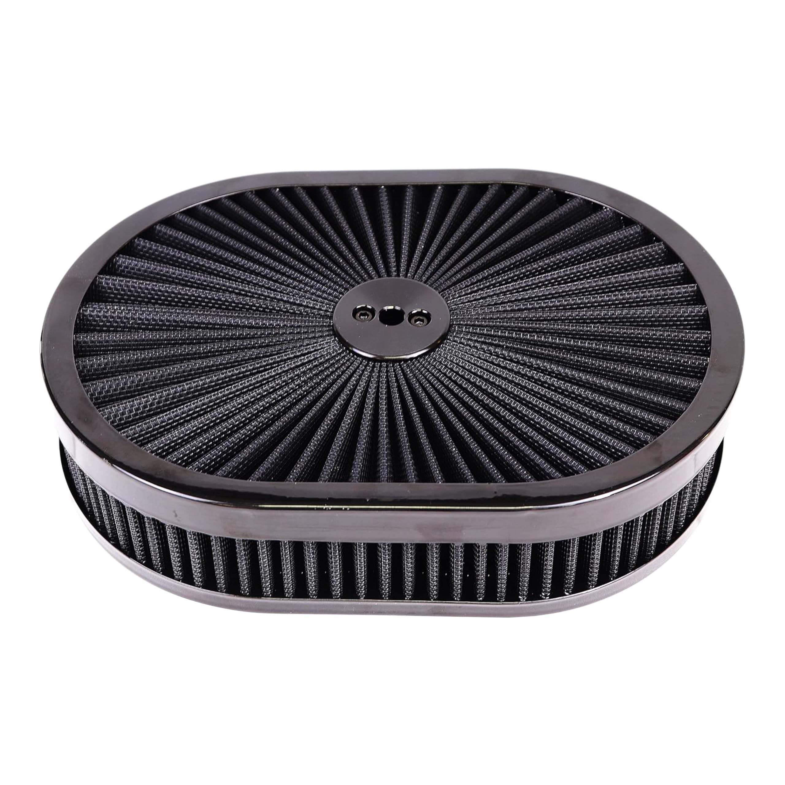 Photo 1 of 12" x 2" Black Oval Air Cleaner Filter Washable Filter Assembly 5-1/8" Carb Neck w/Flow-Thru Lid High Flow Compatible With SBC BBC GMC Chevy Ford
