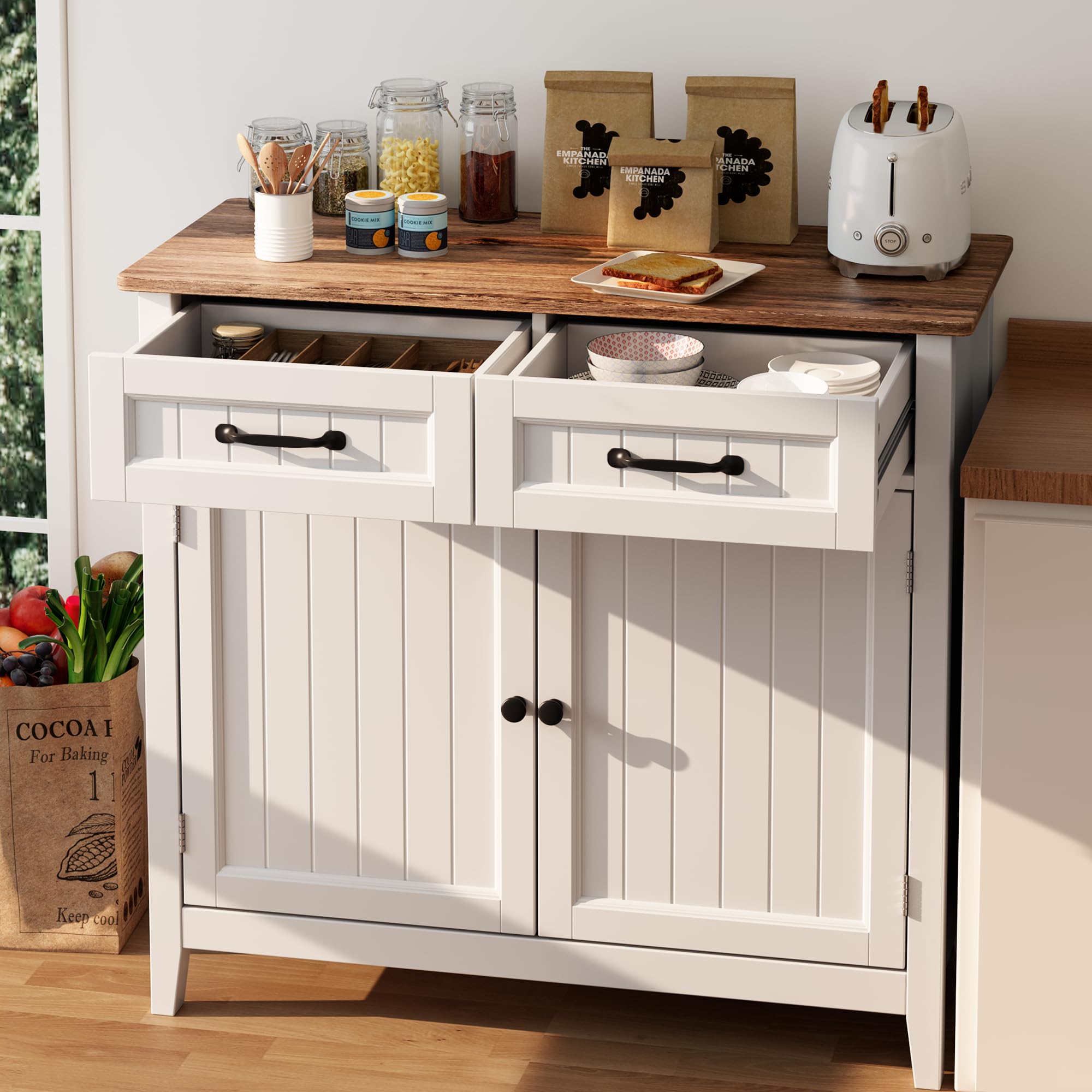 Mobiletto da Cucina, Credenza Ausiliaria con 2 Cassetti e 2 Ante per Cucina, Sala da Pranzo, Soggiorno, 90×40×82 cm,Retro