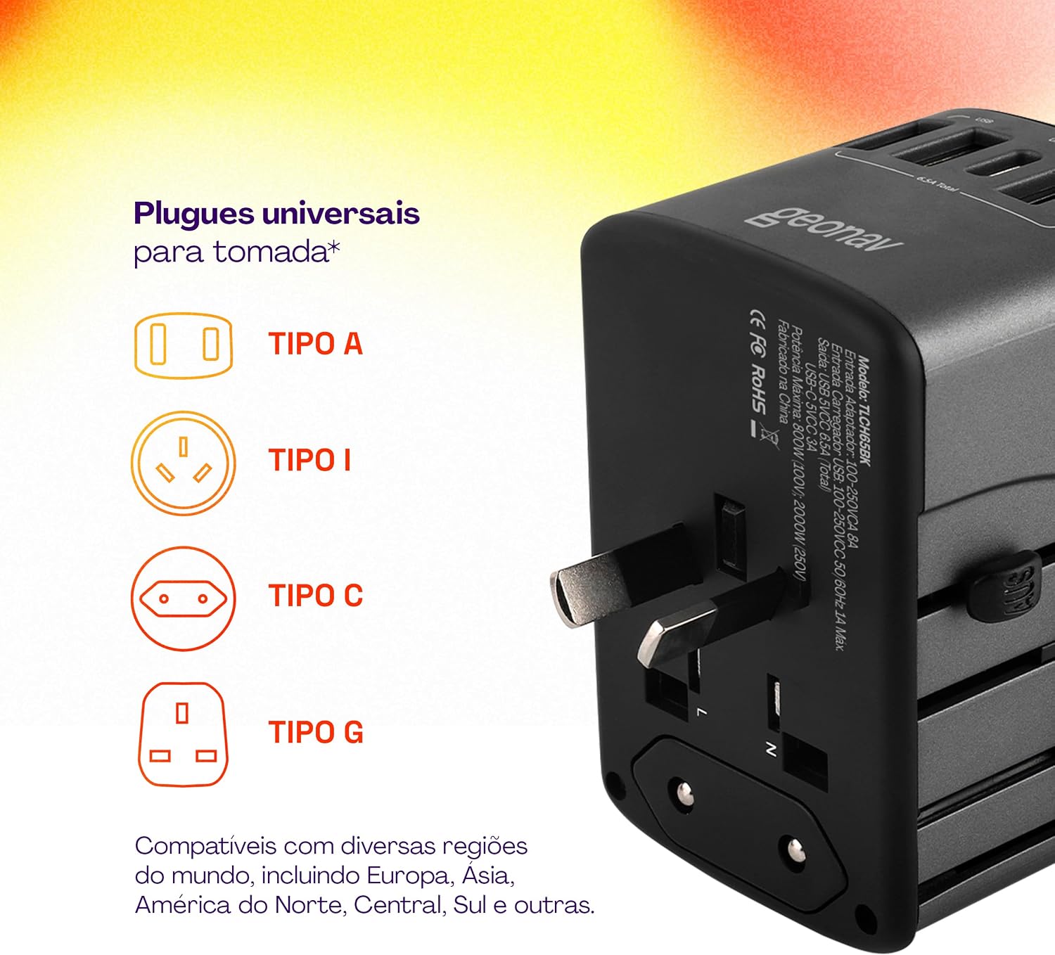 Geonav Carregador Universal com Adaptadores de Viagem, 4 Portas USB + 1 USB-C (Preto)