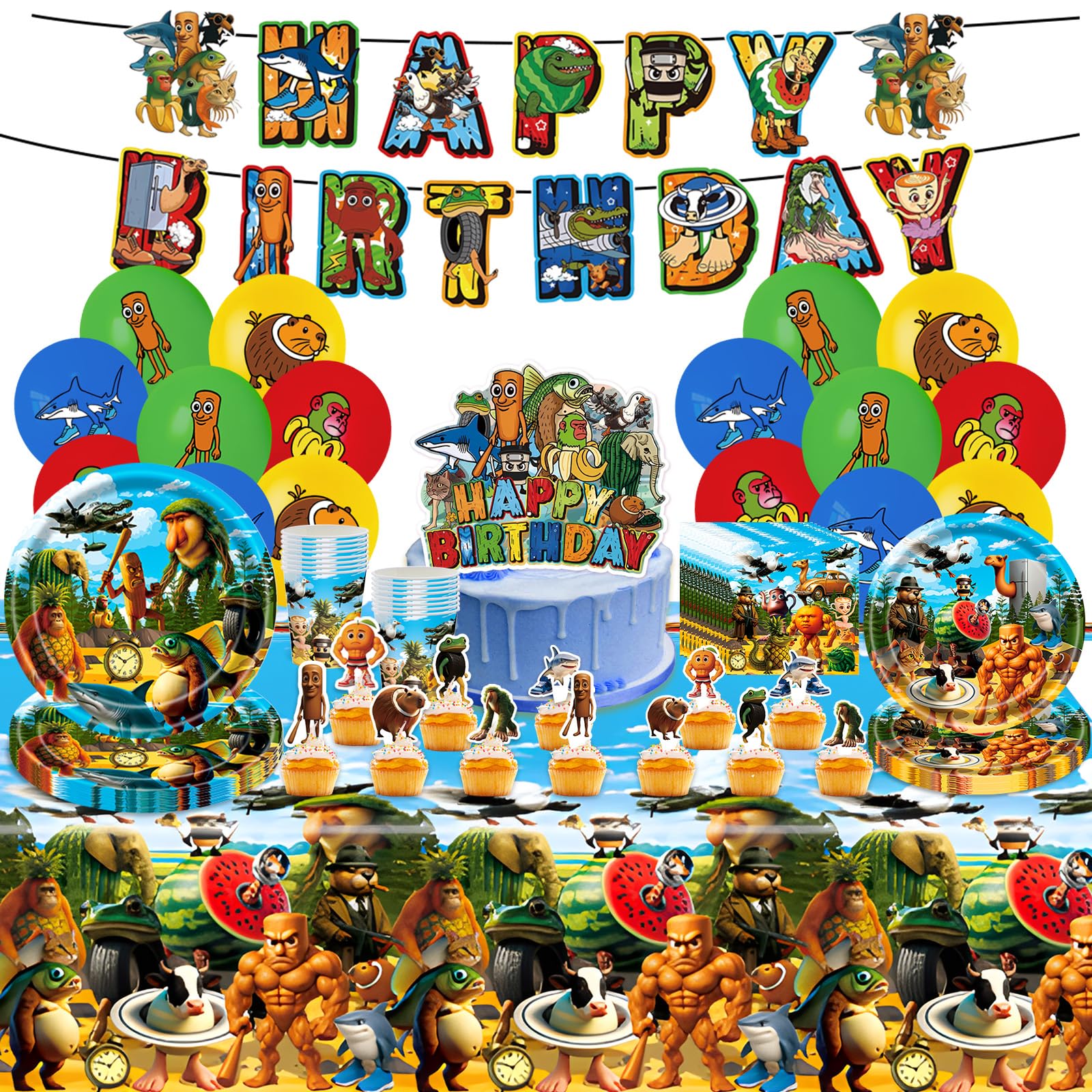 80 Pcs Brai-rot Birthday Decorations, Party Decorations Party Supplies Paper Plates Cups Balloons Napkins and Tablecloth, Kids Tableware Set for 10 Guests
