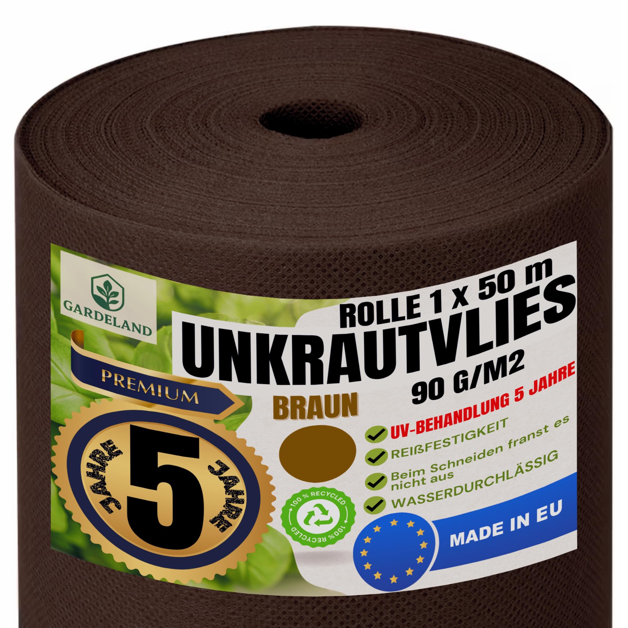 Unkrautvlies Braun Gartenvlies -5 Jahre Premium UV Behandlung im Außenbereich- Rolle 50 Meter x 1 Meter 90g/m2 Unkrautvlies Wasserdurchlässig Unkrautfolie FRANSEN Nicht aus Hergestellt EU