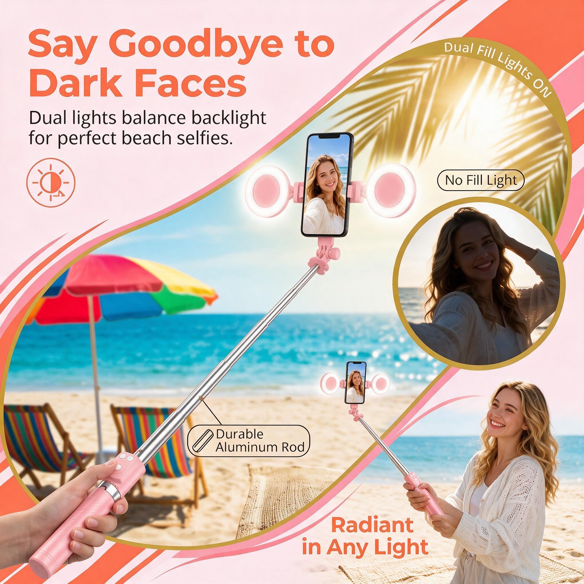 1.7m Palo Selfie Tripode con Luz, 360° Trípode para Movil Profesional con Mando Compatible con iPhone y Android, Selfie Stick inalámbrico para Vídeos TikTok Youtube, Rosa