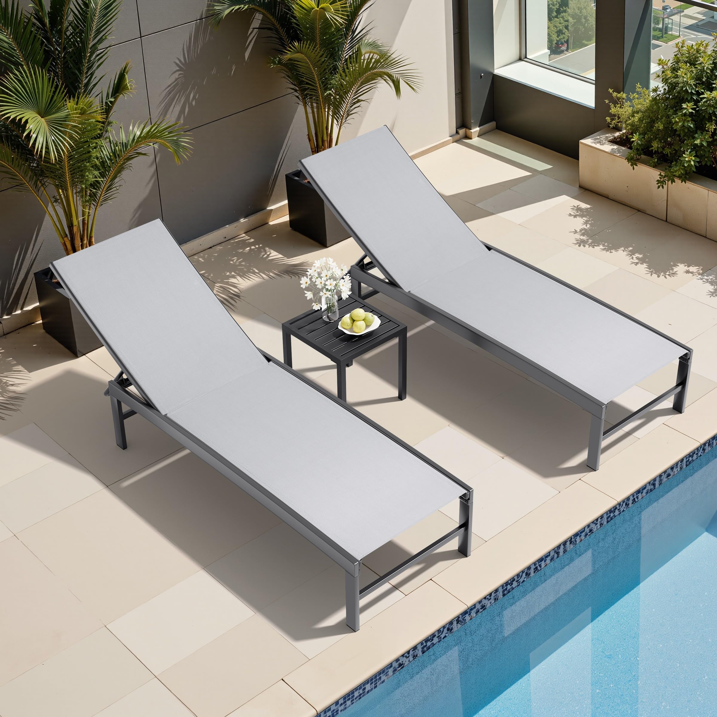 Crestlive Products 2PCS Chaise Lounge Chair Outdoor with 1PC Side Table, Adjustable 5 Positions Pool Tanning Recliner, Outdoor Lounge Furniture