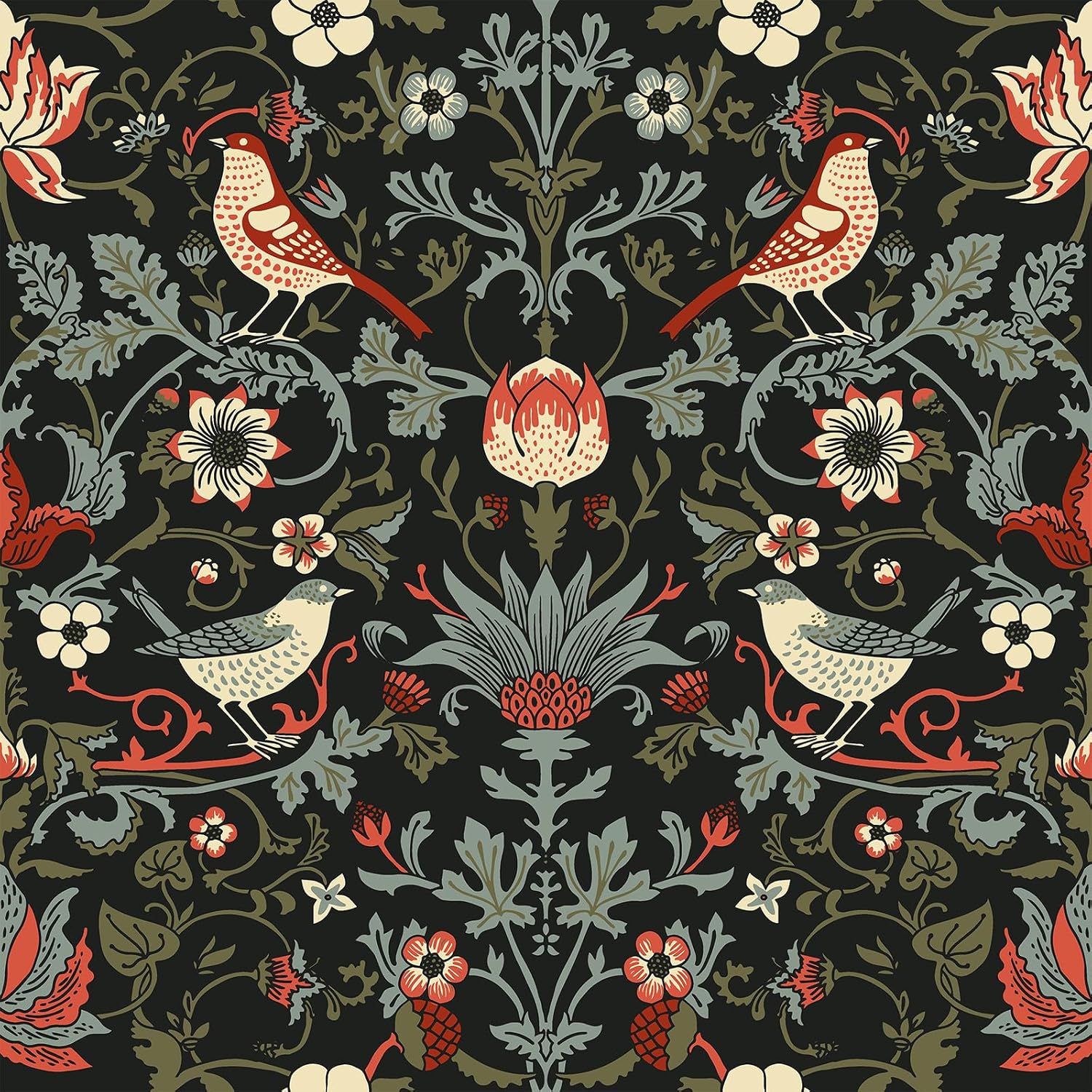 VEELIKE 17.7''x354'' Vintage Birds Berries William Morris Wallpaper Peel and Stick Retro Floral Wallpaper for Bedroom Bathroom Removable Prepasted Bird Wall Paper Self Adhesive Art Deco Contact Paper