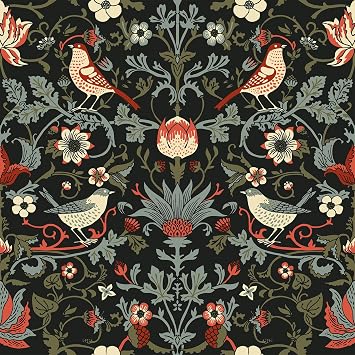 VEELIKE Vintage Birds Berries Wallpaper Mural Removable Mid-Century Floral Peel and Stick Wallpaper for Bedroom Bathroom Art Decor 17.7x118 Self Adhesive Floral Contact Paper for Walls Cabinets