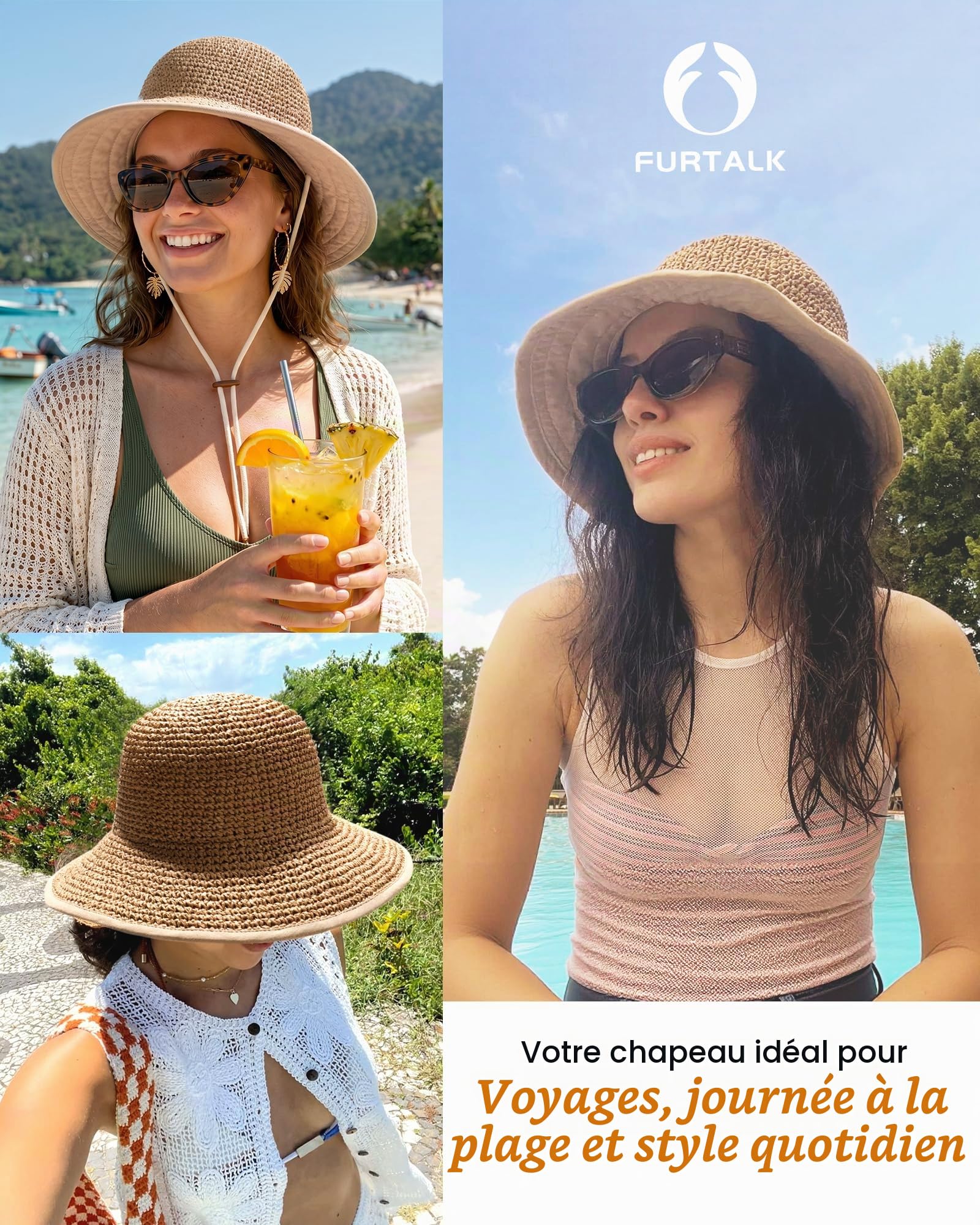 FURTALK Chapeau de paille d'été pliable et pliable pour femme UPF 50 à large bord