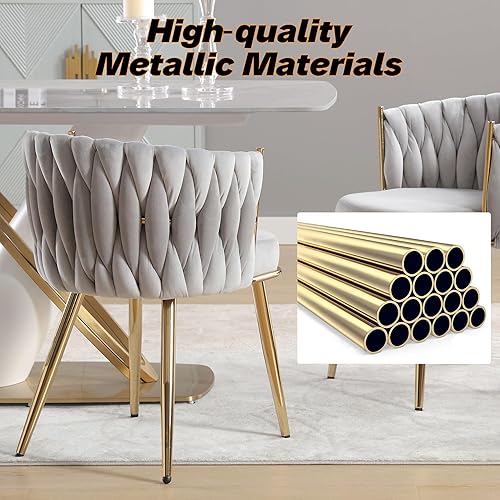 Miniatura 8 de Juego de 4 sillas de comedor tejidas de terciopelo, modernas sillas de comedor tejidas a mano con patas de metal dorado, sillas tapizadas con marco