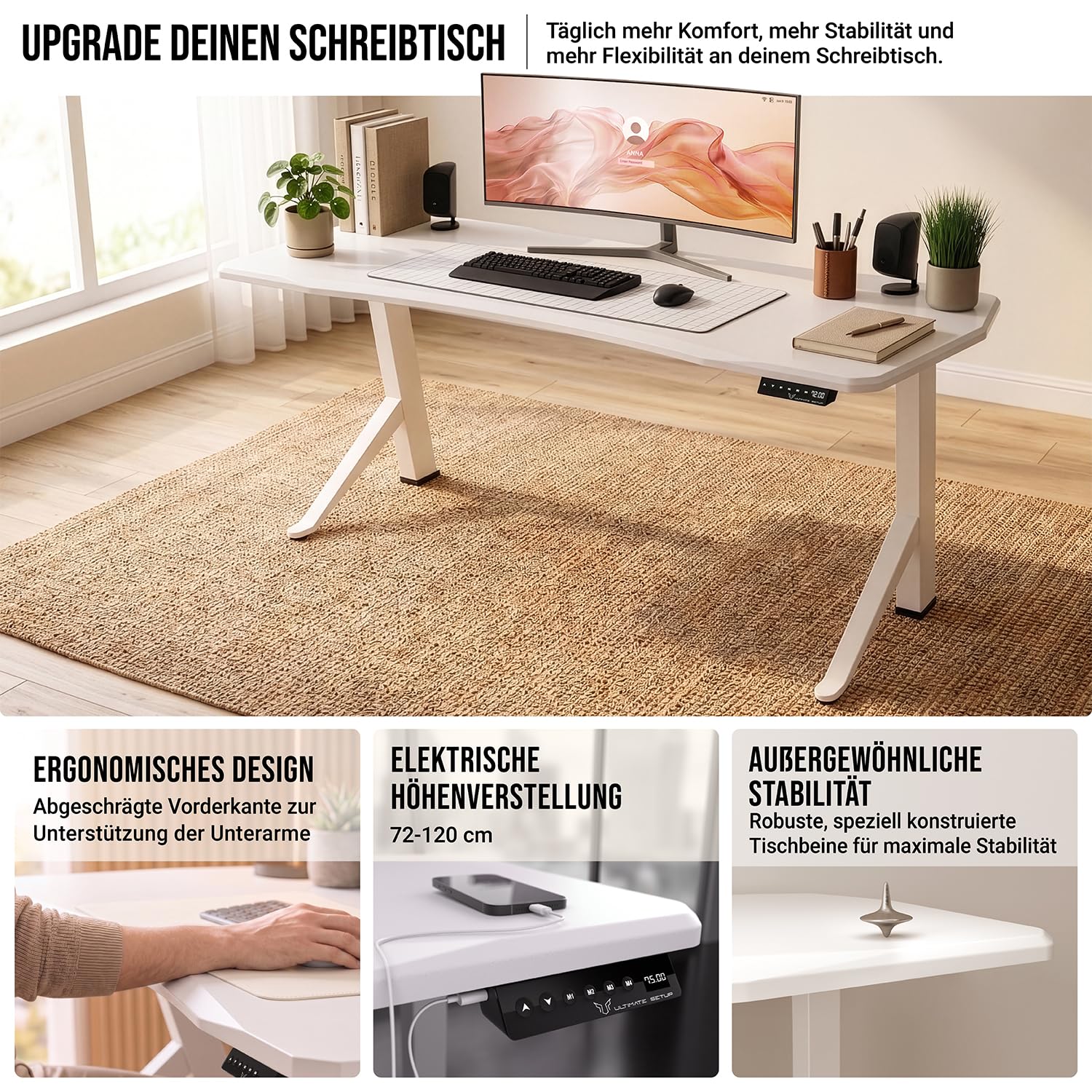 Schreibtisch höhenverstellbar 140x70 elektrisch Weiß | Gaming Tisch | Massive Standstabilität · 4-Höhen speicherbar · Massive MDF-Platte · Elektrisch stufenlos verstellbar
