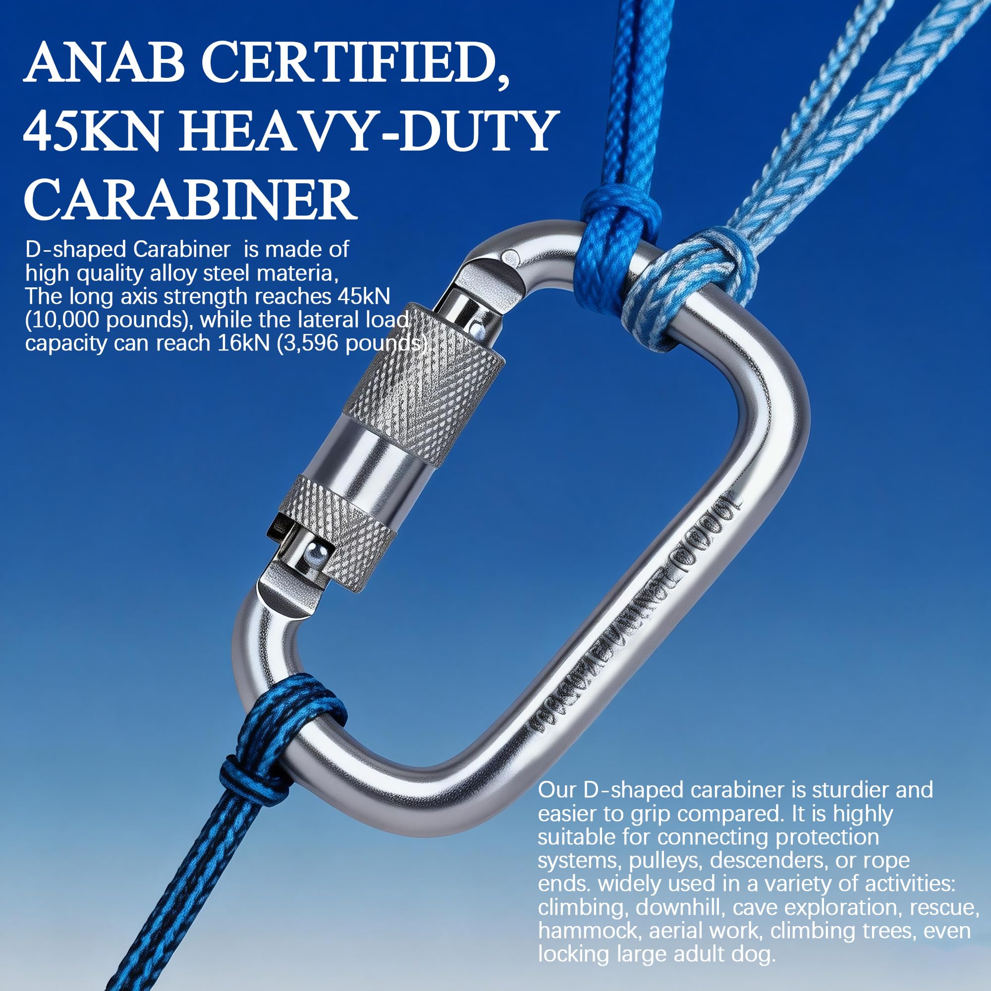 Mosquetón de bloqueo automático 45KN = 4,535.9 kg Twist Lock Steel Heavy Duty Large Mosquetón Clip para escalada en roca, camping, gimnasio, rescate y montañismo