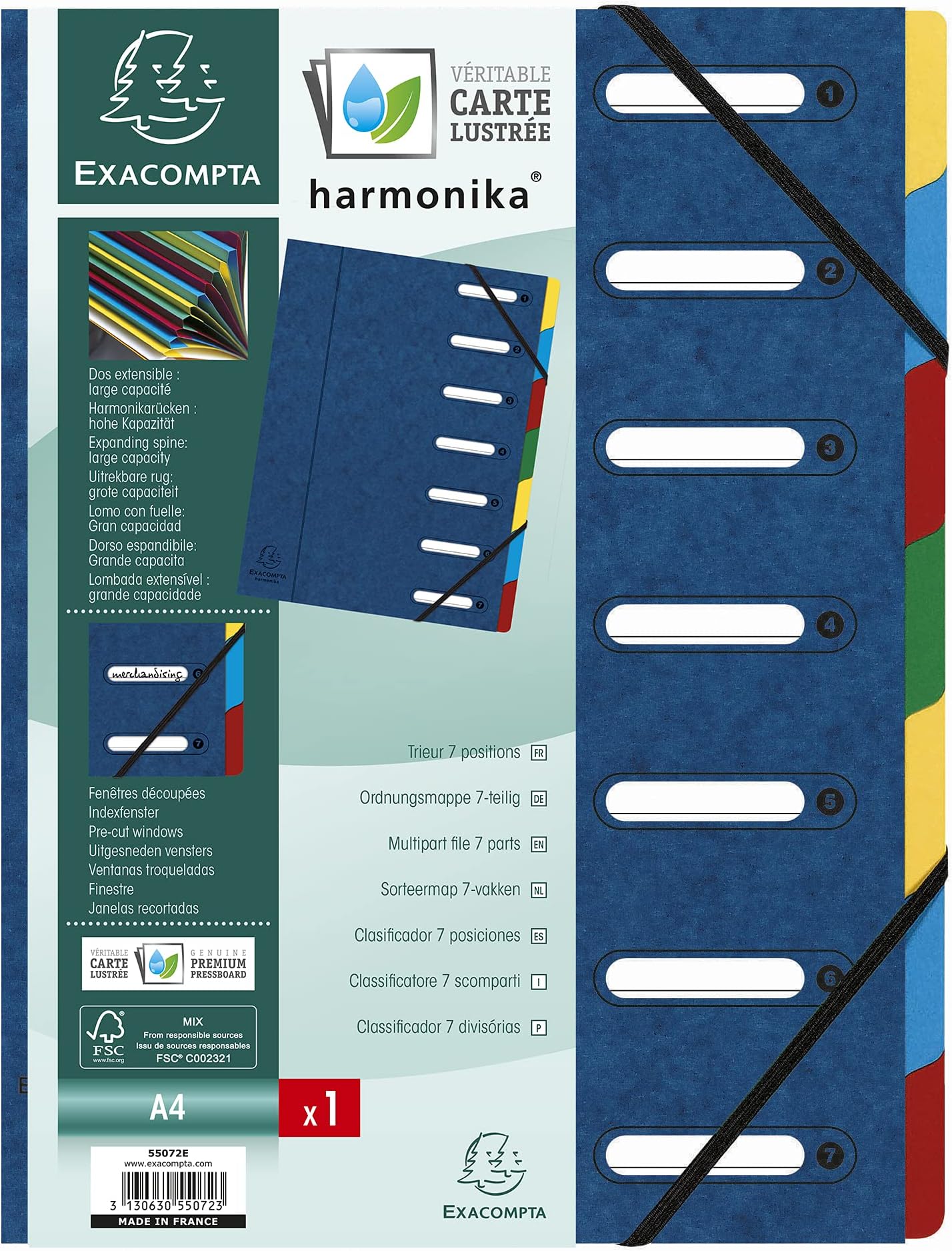 Ref 55072E - Harmonika Multipart File - 24.5 x 32cm in Size, Suitable for A4 Documents, 7 Multi-Coloured Tabbed Sections, Premium Pressboard Cover - Cover in Blue
