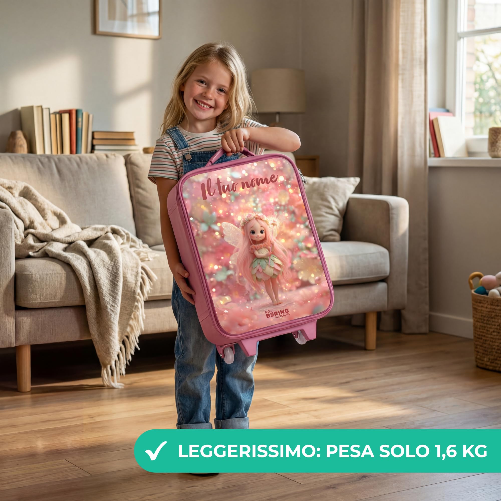 NoBoringSuitcases© Valigia Rosa Per Bambini Personalizzato Con Un Nome | 48x31x19 cm - Bagaglio Ultraleggero Trolley A Mano Rigidi LED Ruote Valigie Bimbi - Ragazze - Fata dei fiori - Mondo