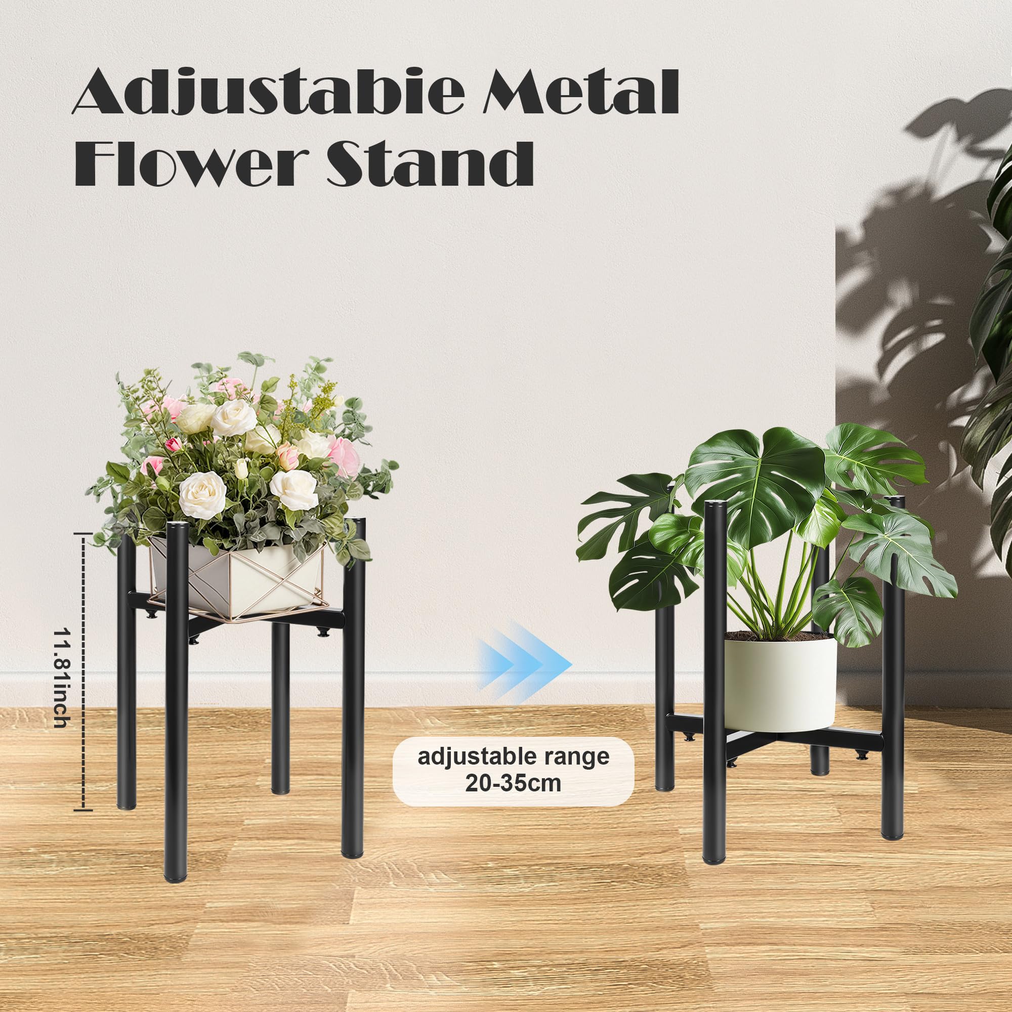 Soporte Metálico Ajustable Para Macetas | Altura 30 Cm, Ancho 22-32 Cm | Capacidad 55 Kg | Negro, Para Interior Y Exterior