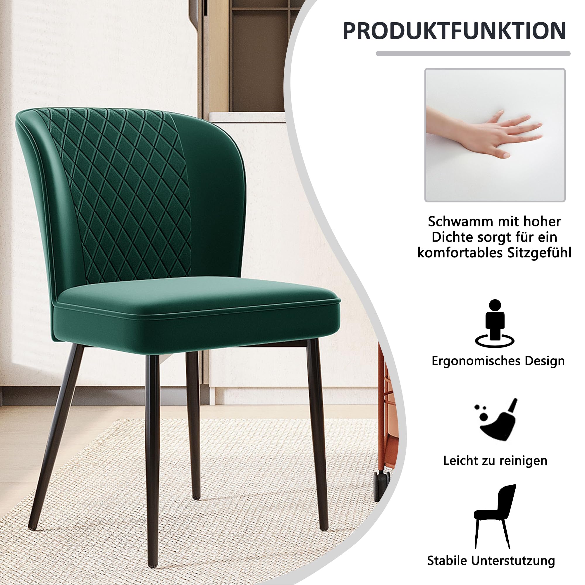 Set di 4 sedie da pranzo, moderne sedie imbottite in velluto con struttura in metallo, mobili eleganti per la casa per sala da pranzo, design elegante