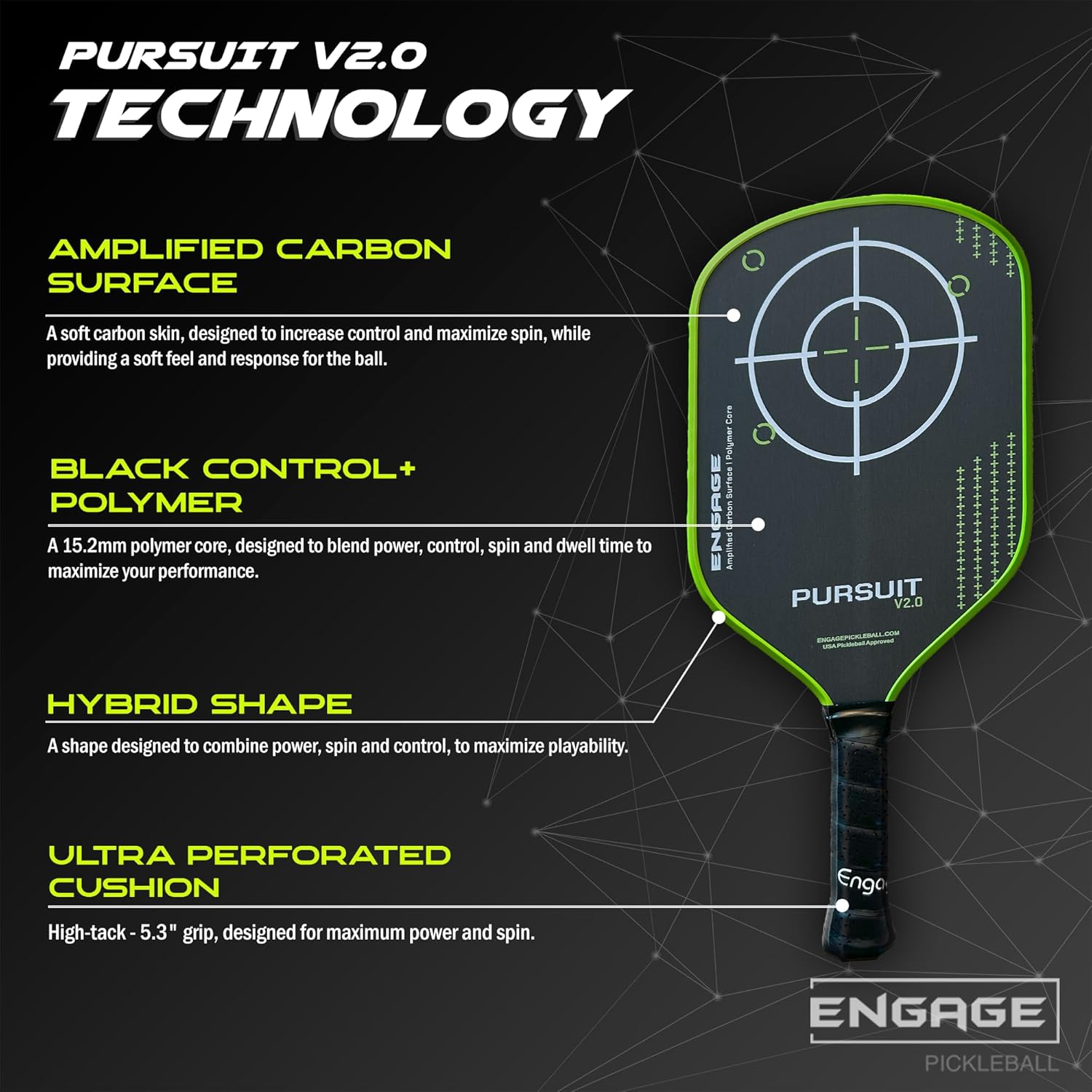 Engage Pursuit V2.0 Pickleball Paddle - Amplified Carbon Surface for Superior Control & Spin with Response+ Polymer Core, USAPA Approved - Designed for Players of Any Skill Level