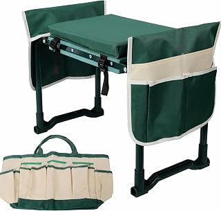 Foldable Garden Kneeler and Seat with 10 Inch Cushion & Tool Bags | Garden Kneeling Bench, 10in EVA Cushion, 330lb Steel Frame, Green, Zero Assembly, Detachable Tool Bags