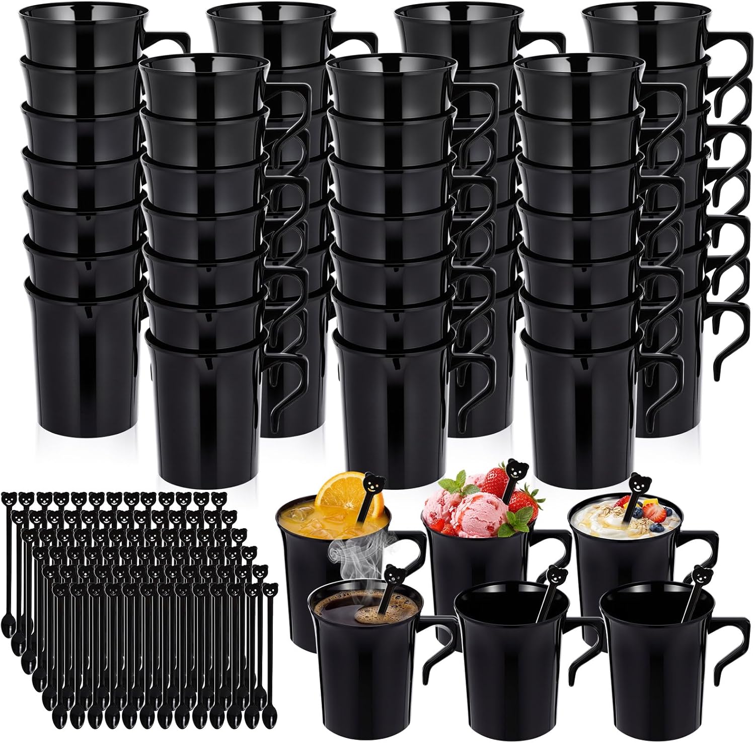 LemonRoad 100 Pcs Plastic Coffee Cups 8 oz Tea Cups Bulk Reusable or Disposable Coffee Mug with Handle and Spoon Hard Plastic Espresso Mug for Tea Cafe Milk Dessert Shop Wedding Bridal Shower(White)