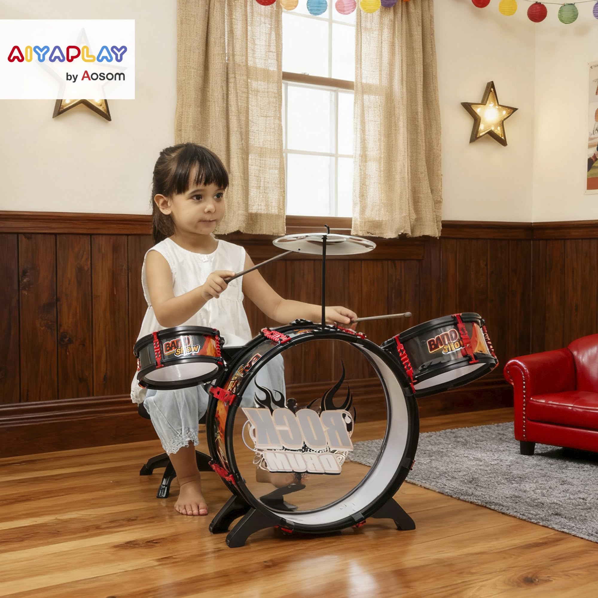 AIYAPLAY Batería Infantil con Taburete Tambores 59,5x31,5x59 cm Negro