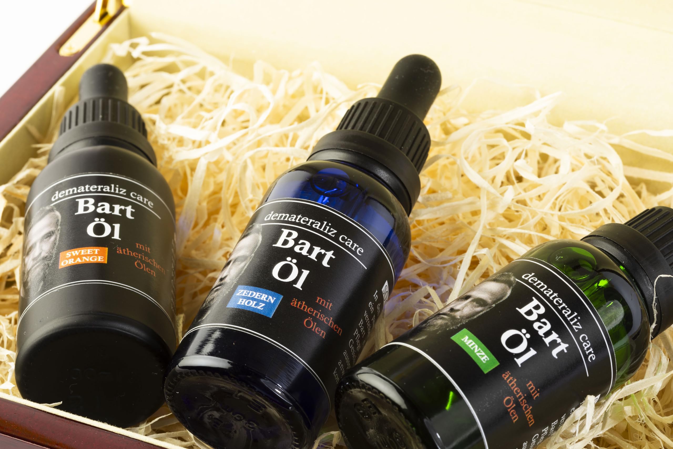 Bartöl Geschenkset, 3 Düfte (Sweet Orange, Minze, Zedernholz), Luxus-Holzbox